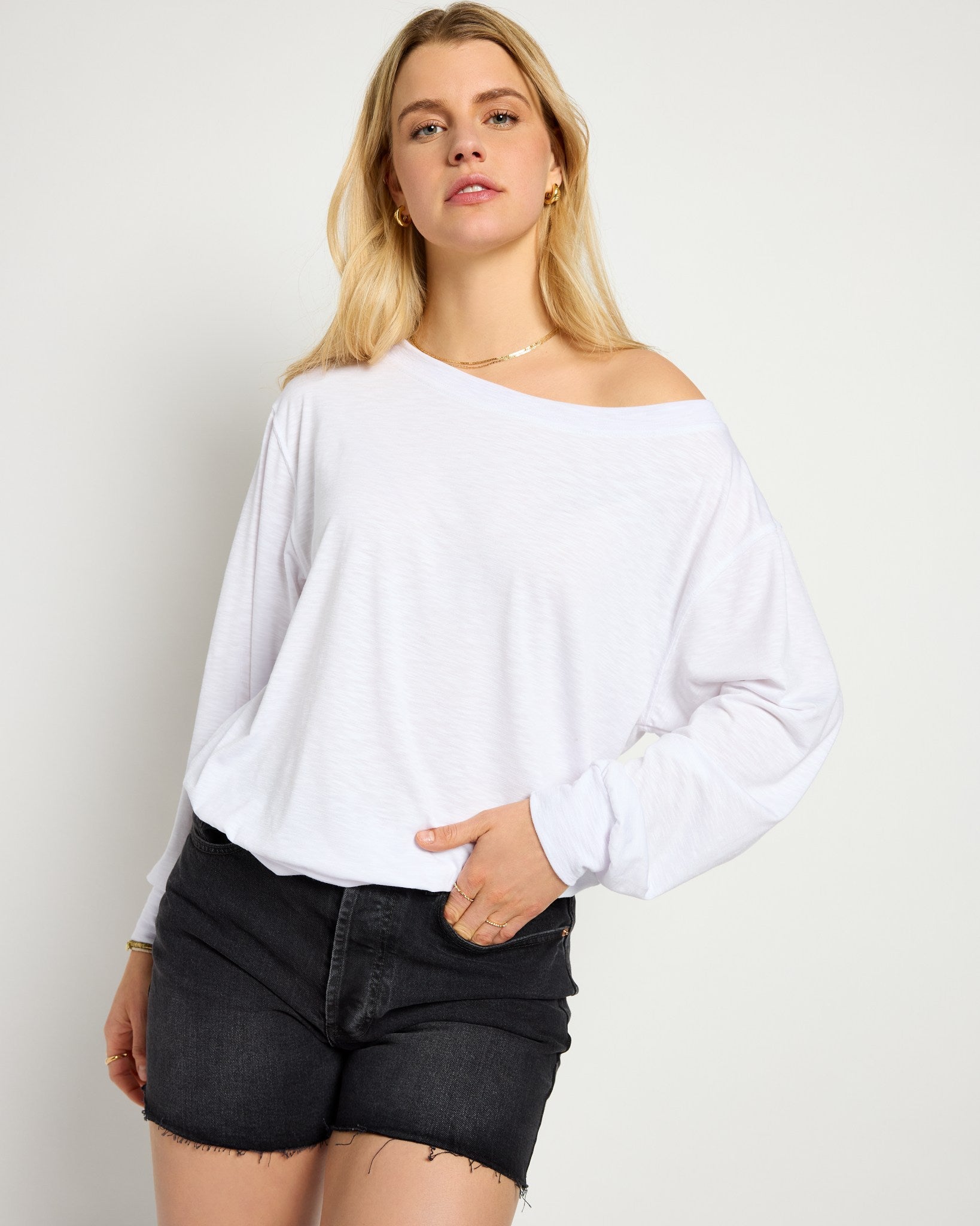 White $|& SEAS Brooksville Slub Off The Shoulder Top - SOF Side