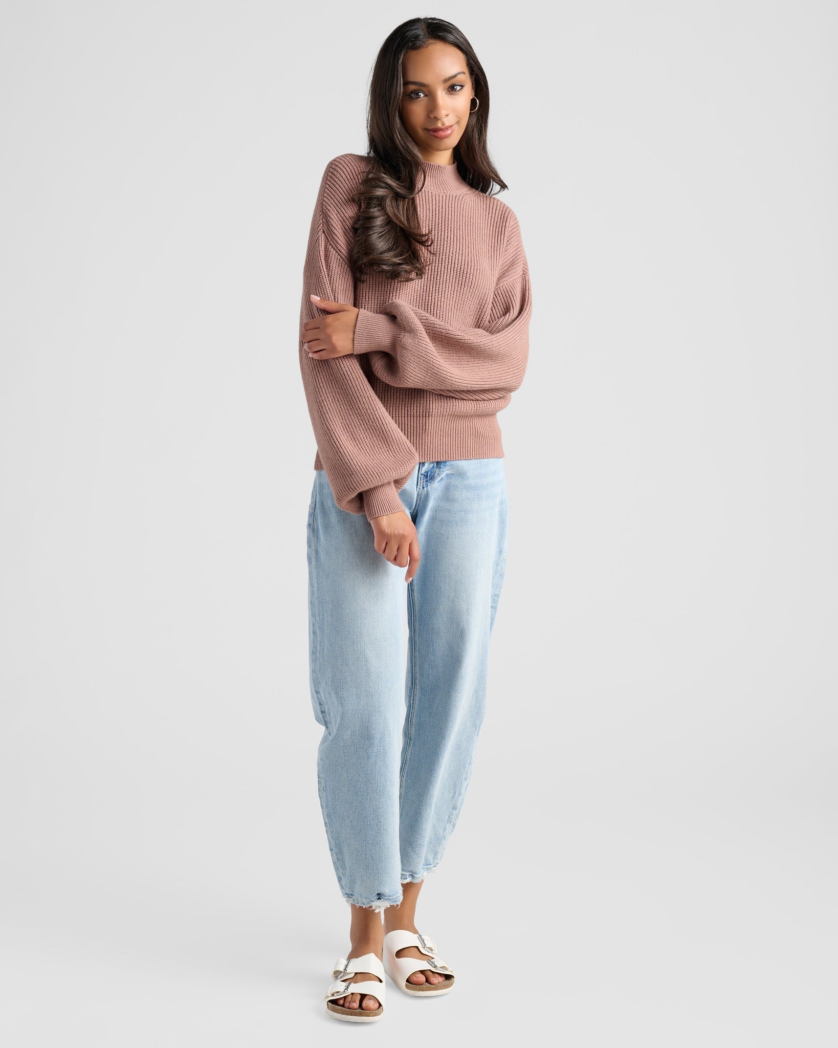 Heather Cocoa $|& SEAS Pacific Mock Neck Marled Sweater - SOF Full Front