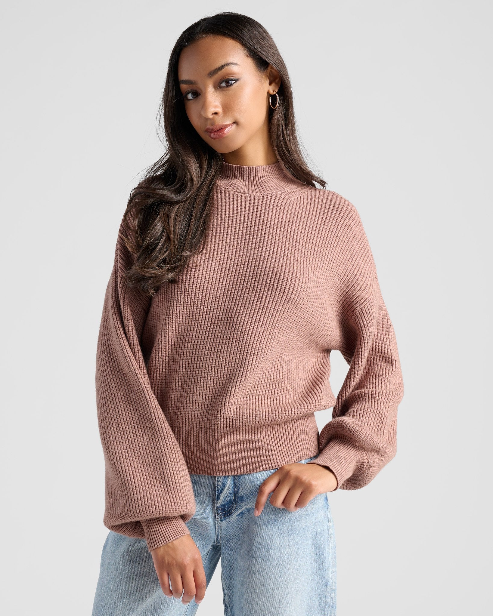 Heather Cocoa $|& SEAS Pacific Mock Neck Marled Sweater - SOF Front