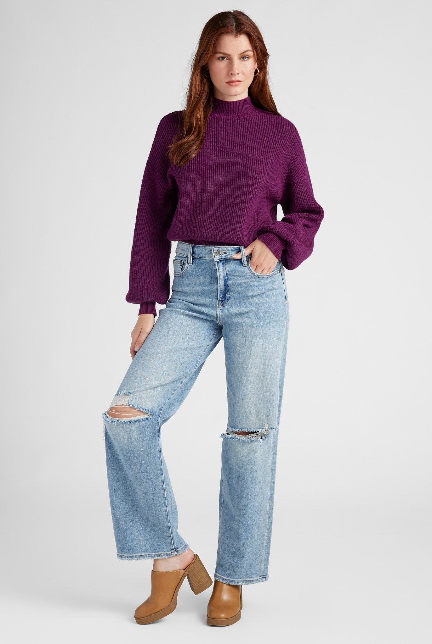Heather Eggplant $|& SEAS Pacific Mock Neck Marled Sweater - SOF Full Front