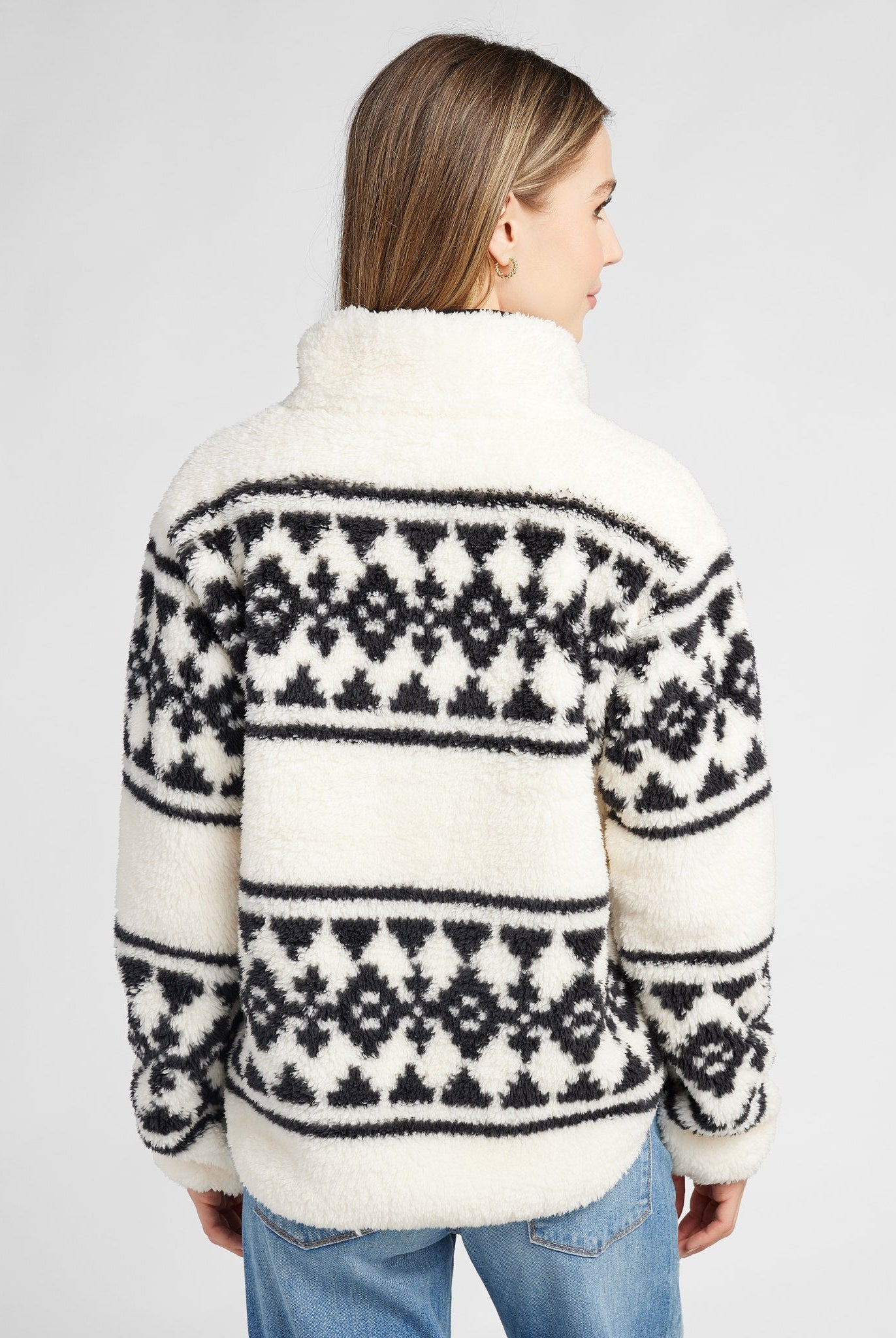 Cream Geo Stripe $|& SEAS Printed Sherpa Quarter Zip - SOF Back