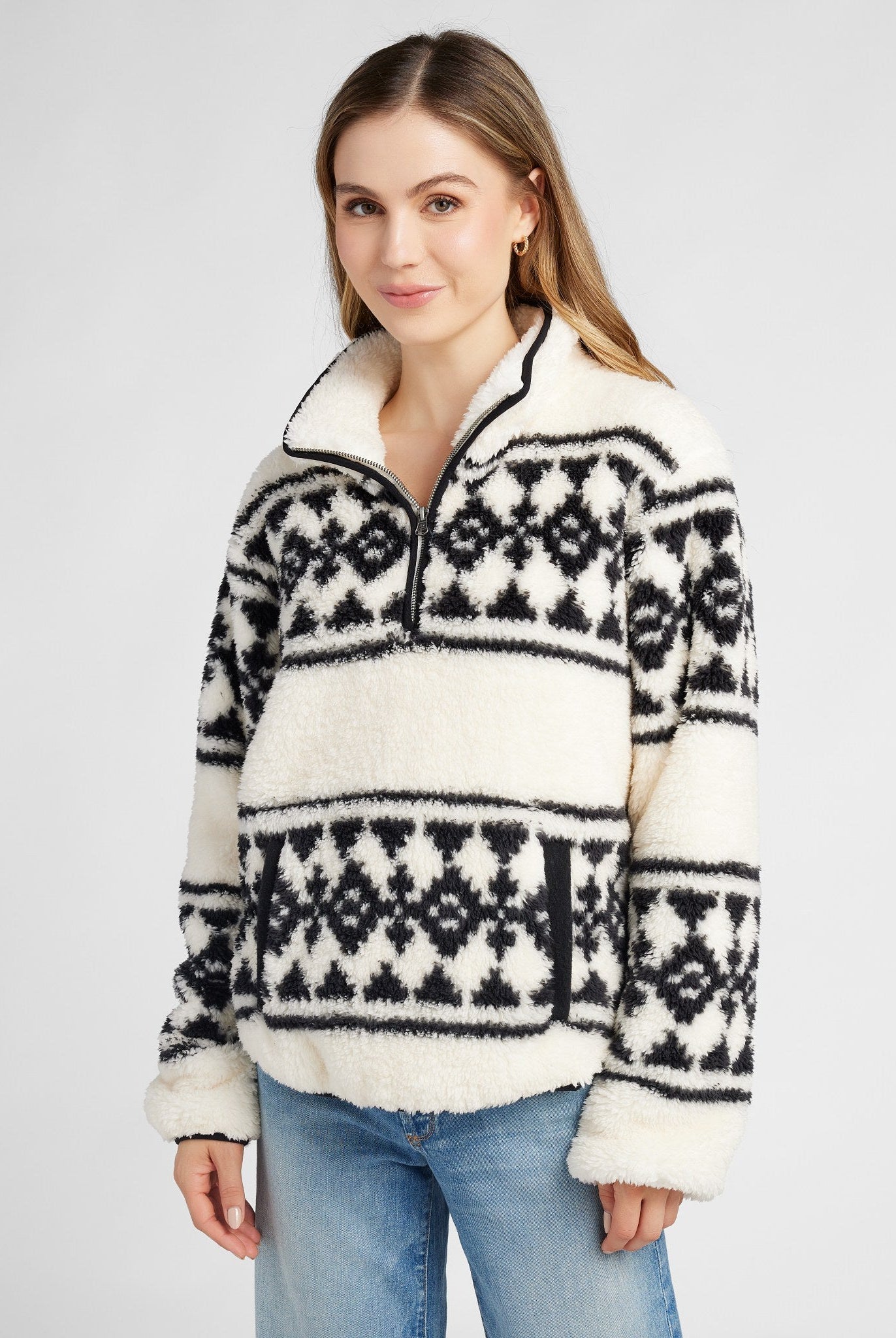 Cream Geo Stripe $|& SEAS Printed Sherpa Quarter Zip - SOF Front