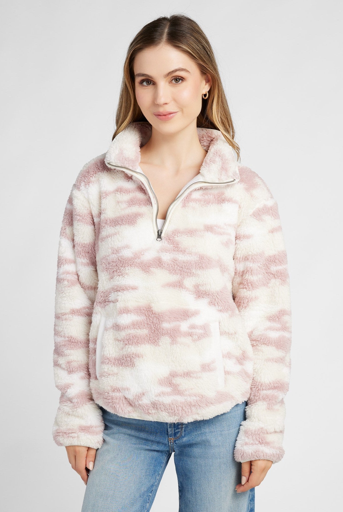 Ivory Mauve Camo $|& SEAS Printed Sherpa Quarter Zip - SOF Front