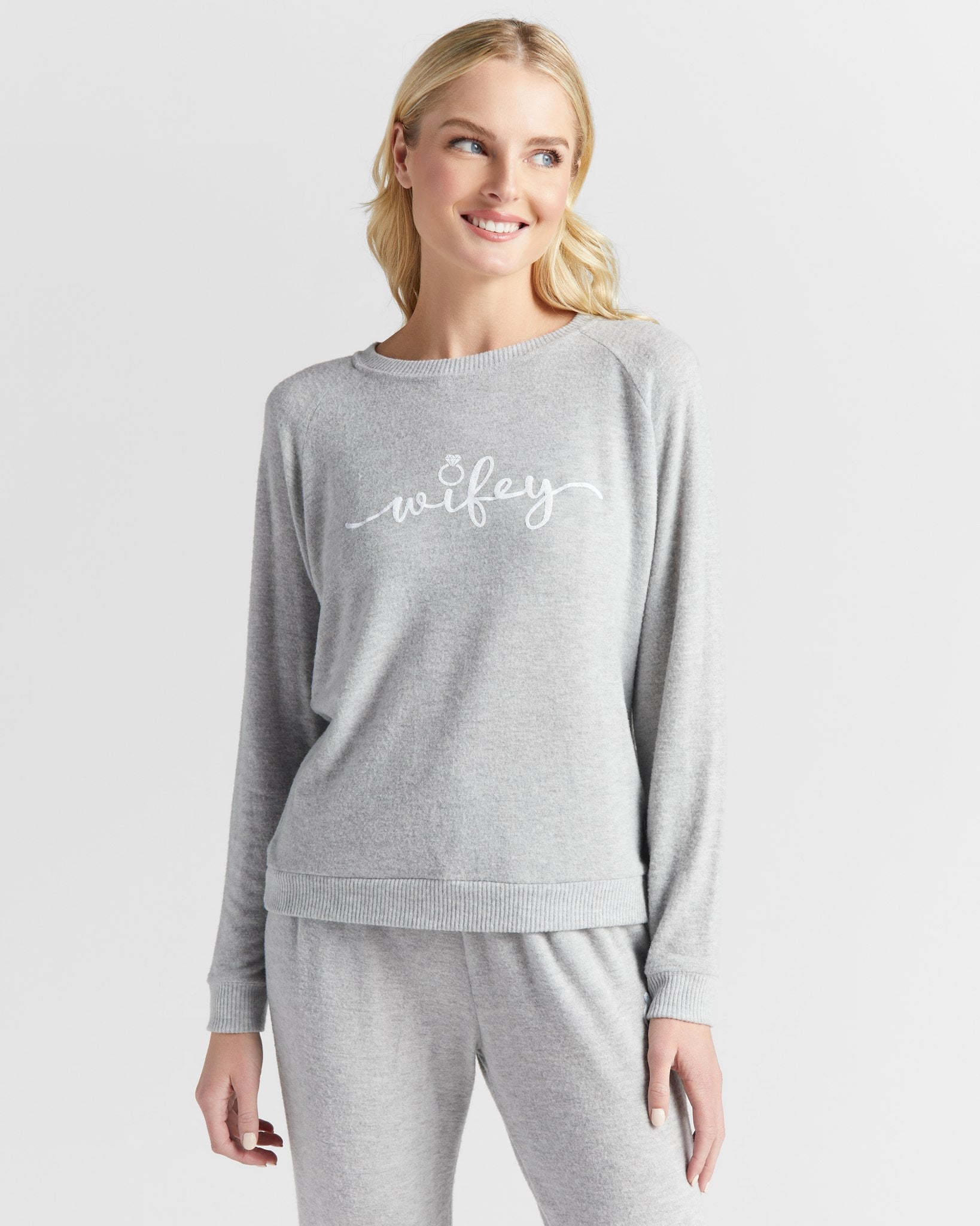 Heather Grey $|& SEAS Dreamy Hacci "Wifey" Graphic Pullover - SOF Front