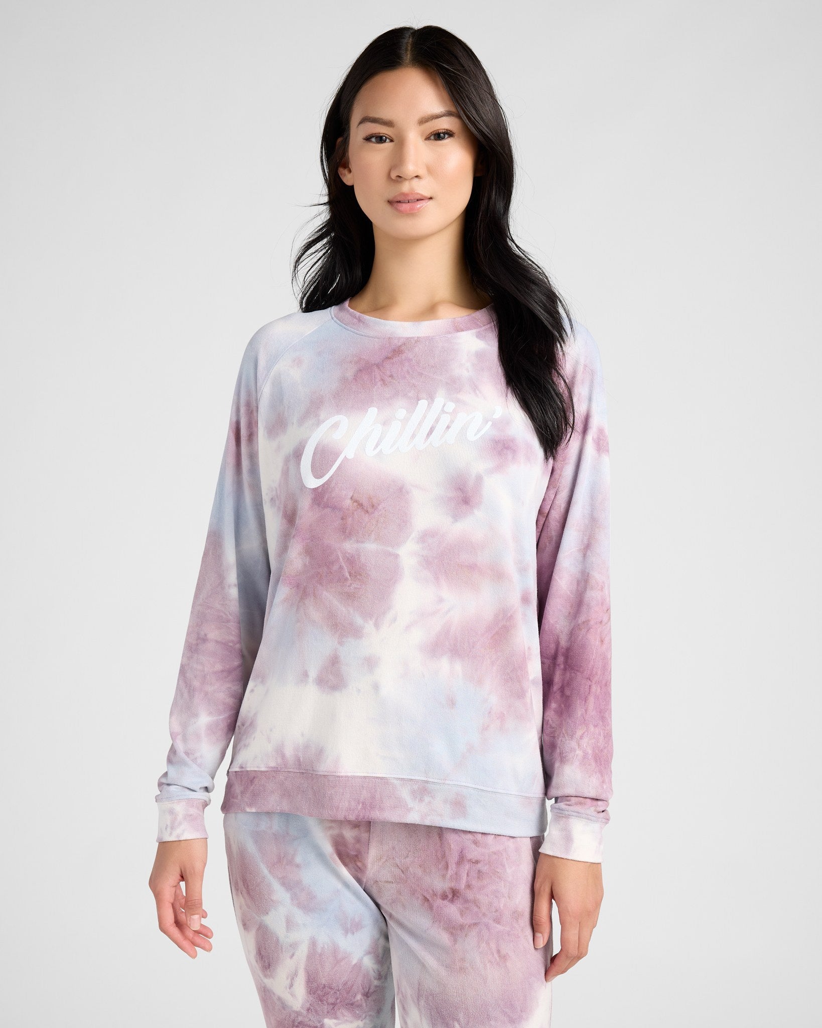 Icy Mauve $|& SEAS Tie Dye Chillin' Sweater Knit Graphic Pullover - SOF Front