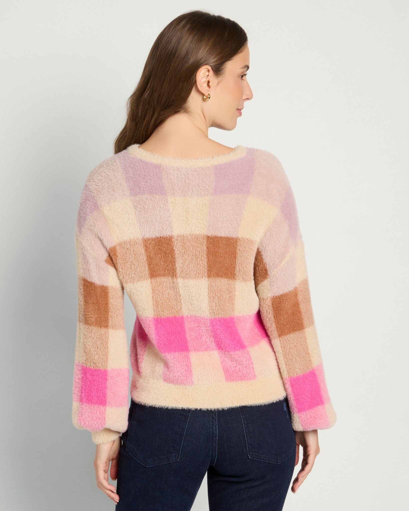 Lilac/ Chocolate/ Hot Pink Plaid $|& SEAS Eyelash Plaid Sweater - SOF Back