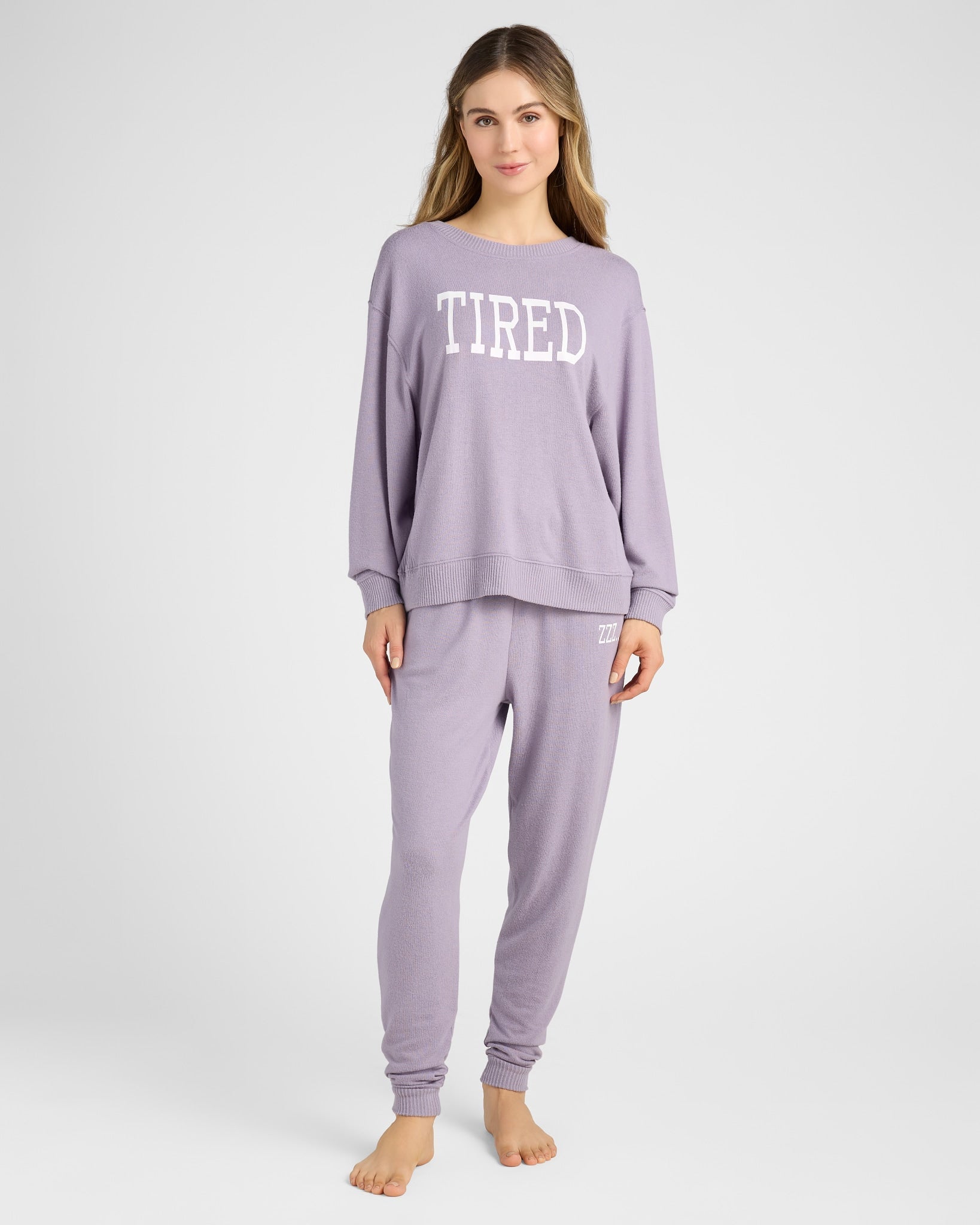 Heather Purple Sage $|& SEAS Shoreline Hacci "Tired" Graphic Pullover - SOF Full Front