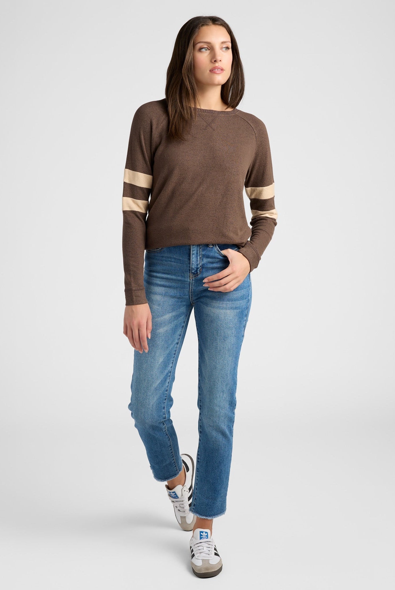 Heather Dark Chocolate/Heather Oatmeal $|& SEAS Shoreline Varsity Cozy Top - SOF Full Front