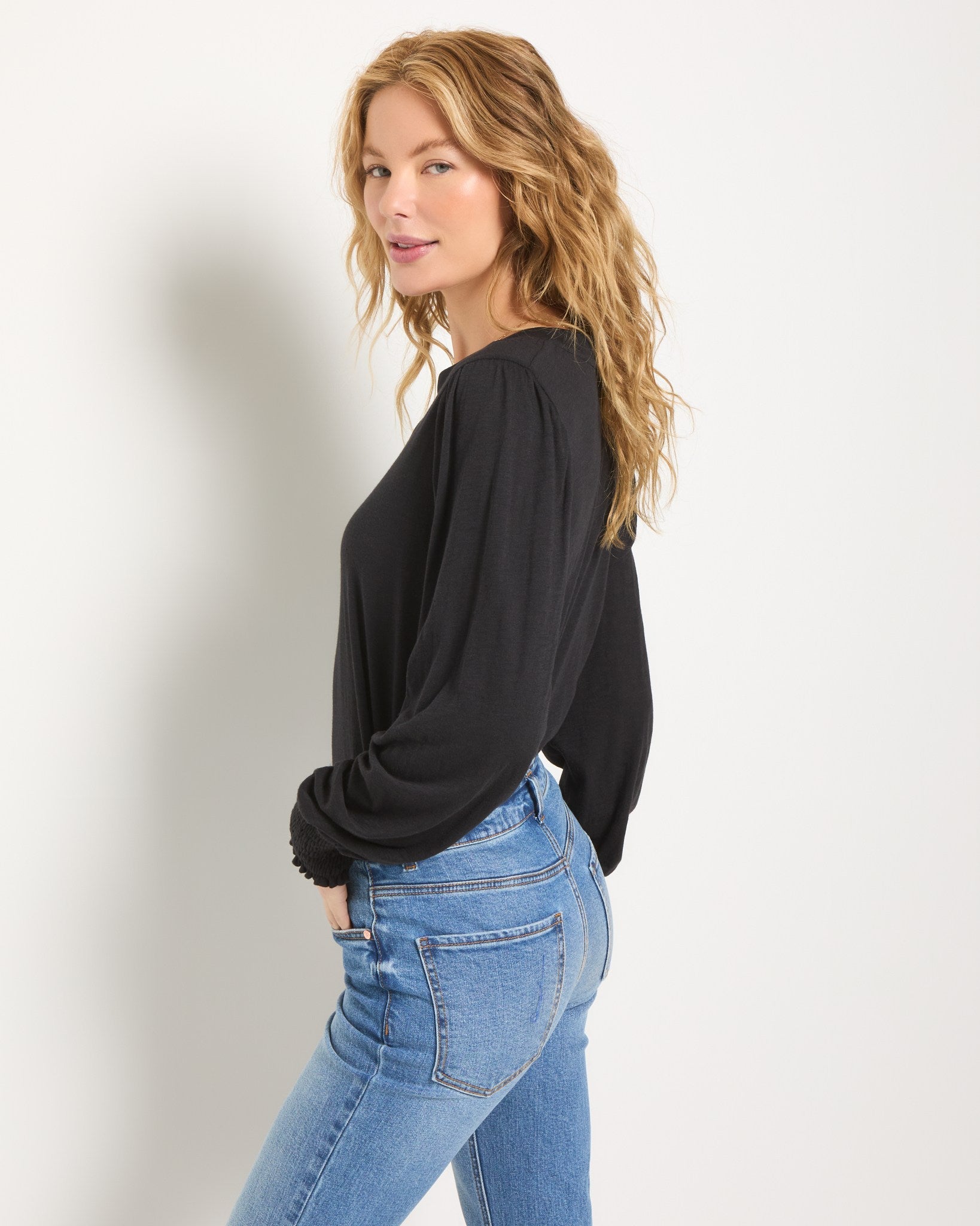 Black $|& SEAS Sandbar Puff Sleeve Top - SOF Full Front