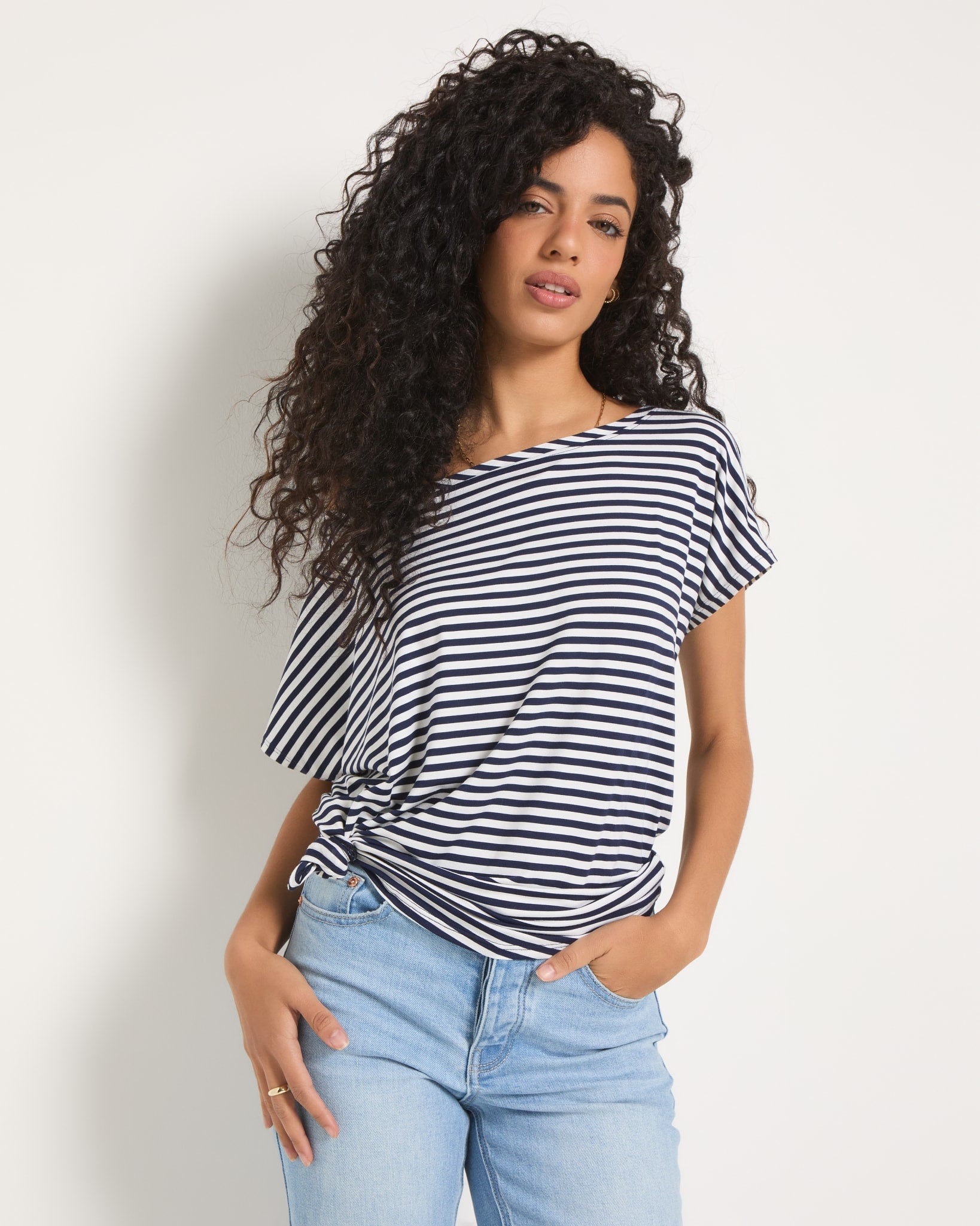 Mariner Midnight Stripe $|& SEAS Edgewater Off The Shoulder Tee - SOF Front