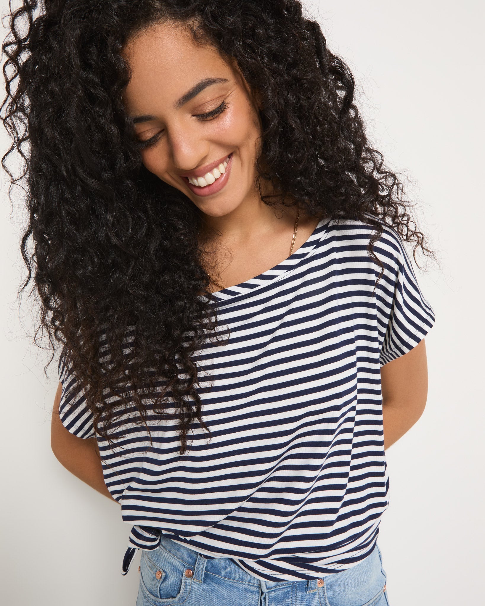 Mariner Midnight Stripe $|& SEAS Edgewater Off The Shoulder Tee - SOF Full Front