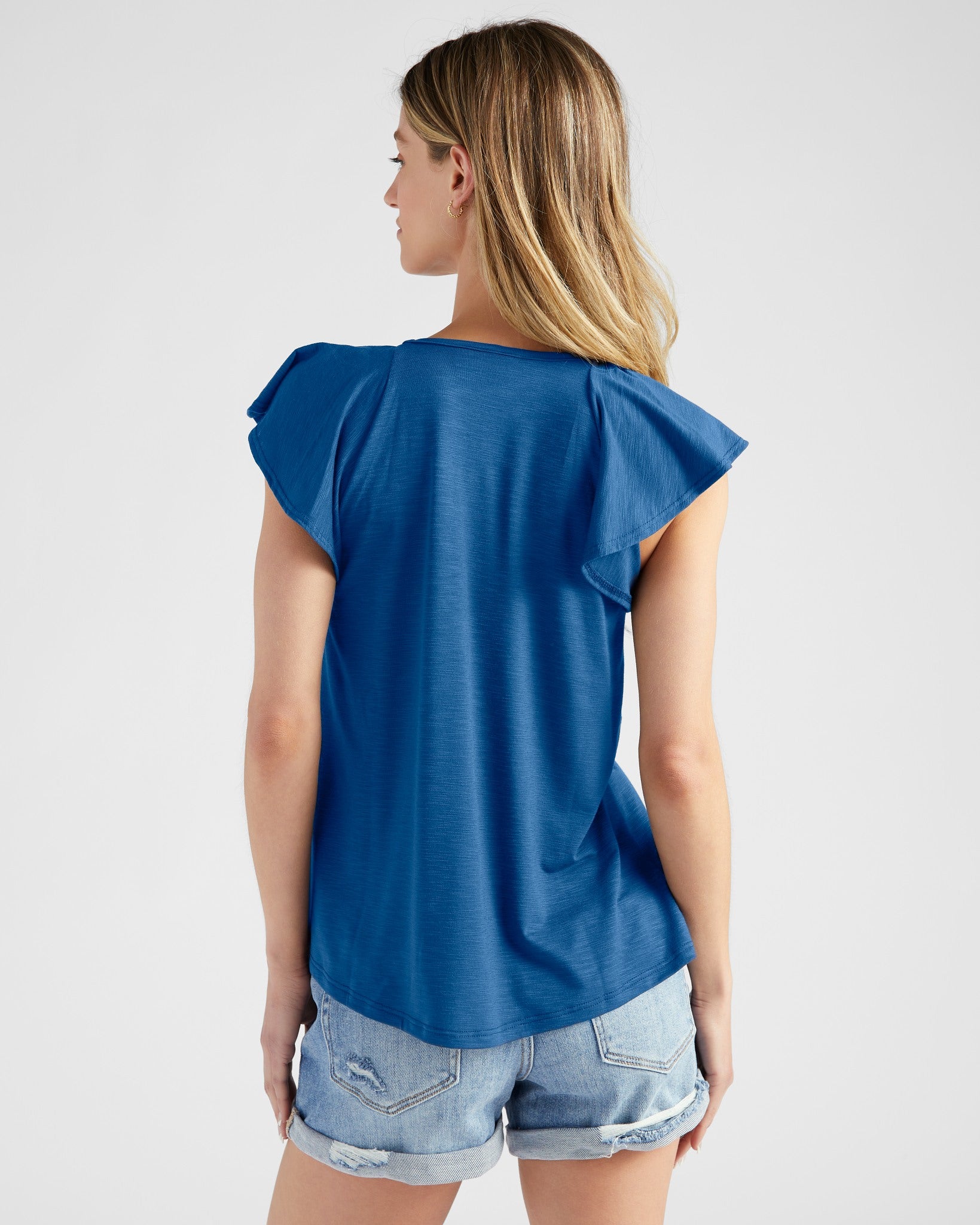 Coastal Cobalt $|& SEAS Slub Flutter Sleeve Top - SOF Back