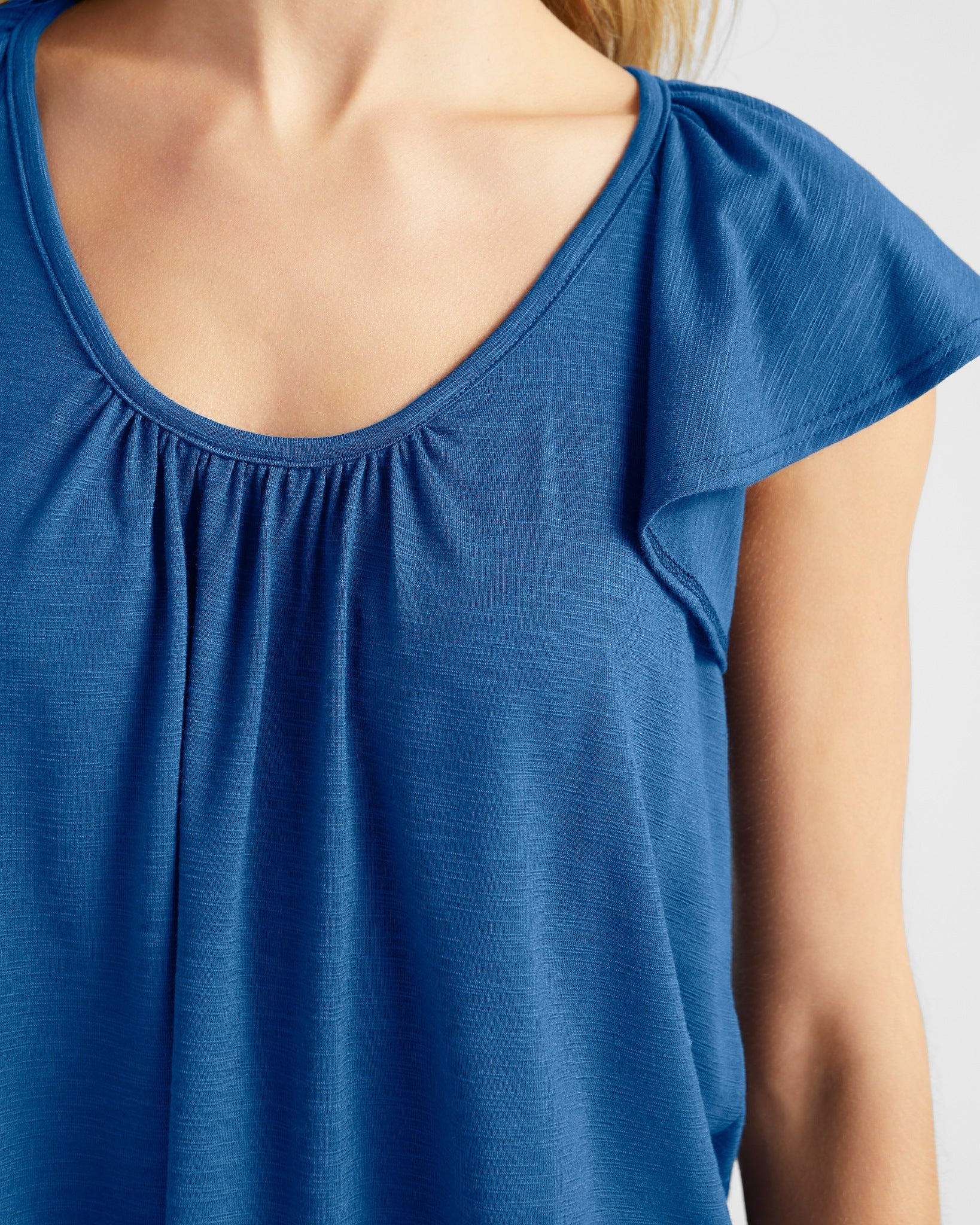 Coastal Cobalt $|& SEAS Slub Flutter Sleeve Top - SOF Full Front