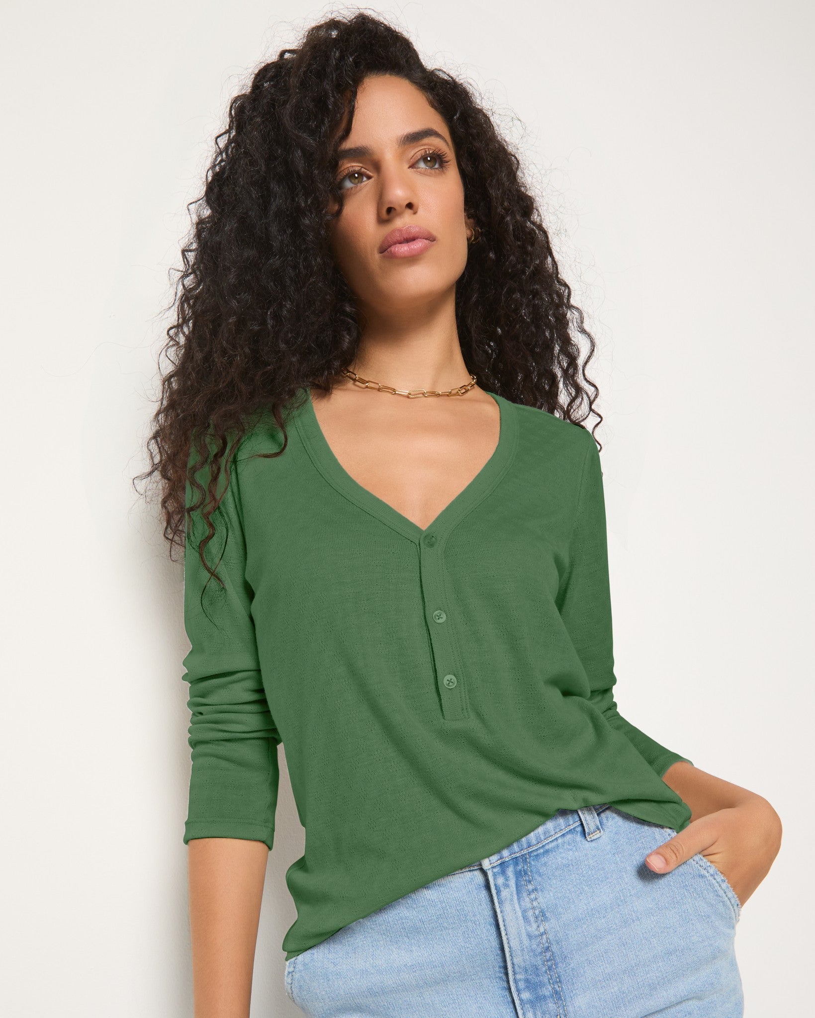 Matcha $|& SEAS Vista Pointelle Henley Top - SOF Full Front
