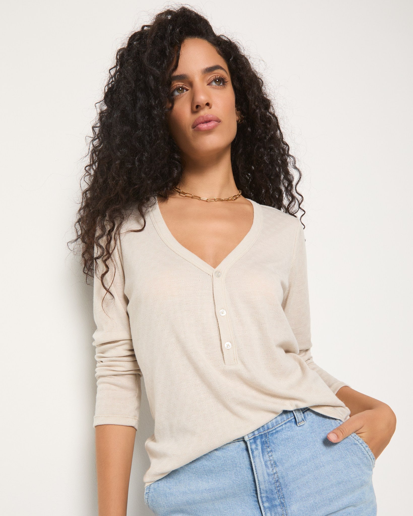 Birch $|& SEAS Vista Pointelle Henley Top - SOF Front