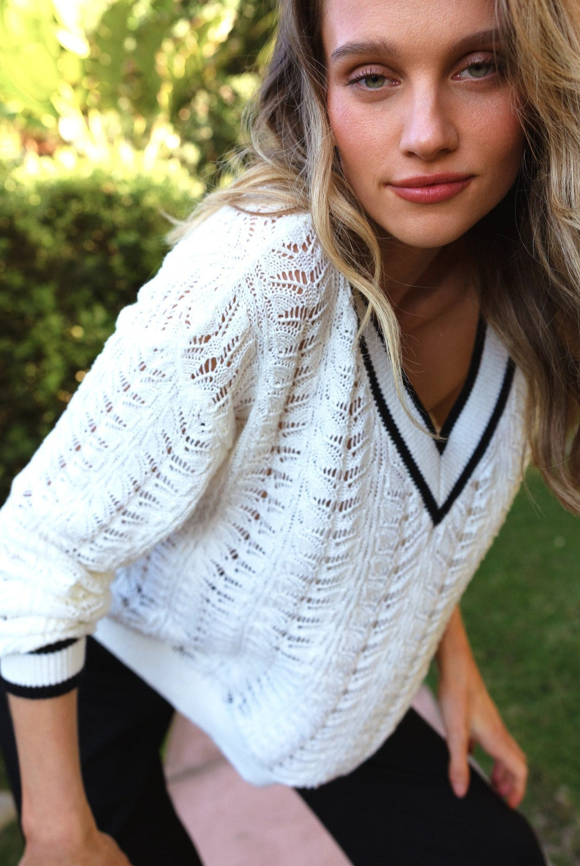 White $|& SEAS Sandyshores Pointelle V-Neck Sweater - SOF Side