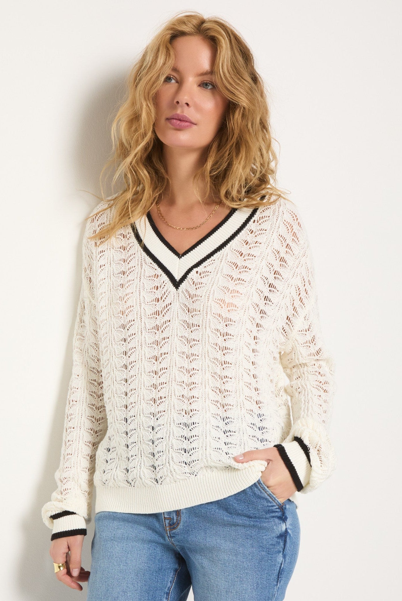 White $|& SEAS Sandyshores Pointelle V-Neck Sweater - SOF Front
