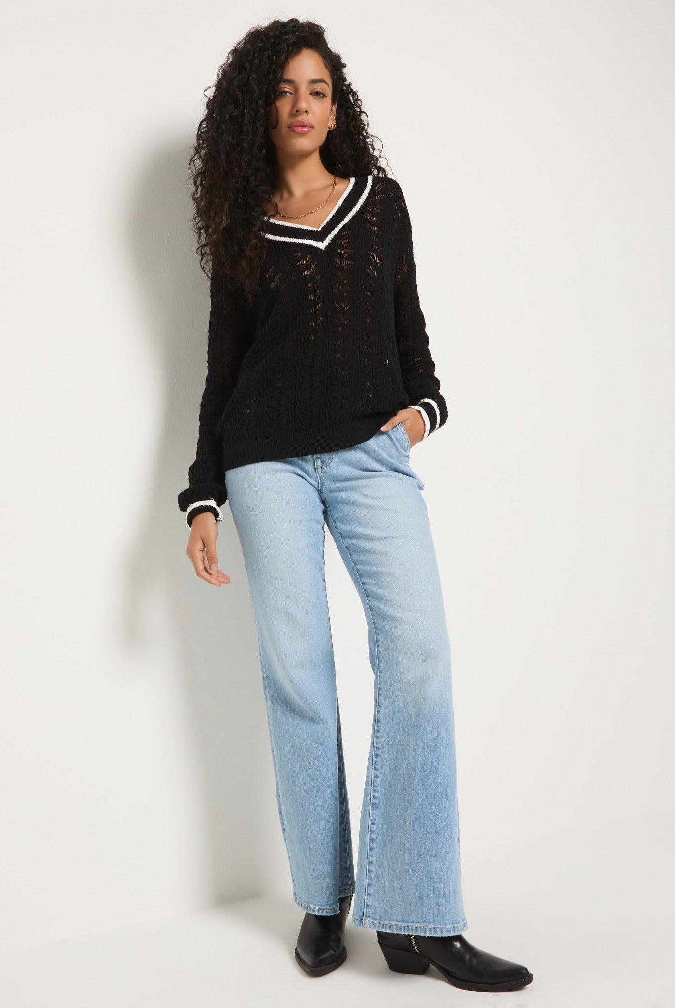 Black $|& SEAS Sandyshores Pointelle V-Neck Sweater - UGC On Fig