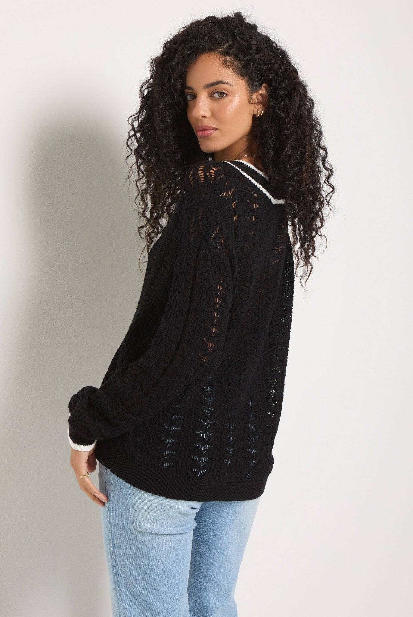 Black $|& SEAS Sandyshores Pointelle V-Neck Sweater - SOF Back