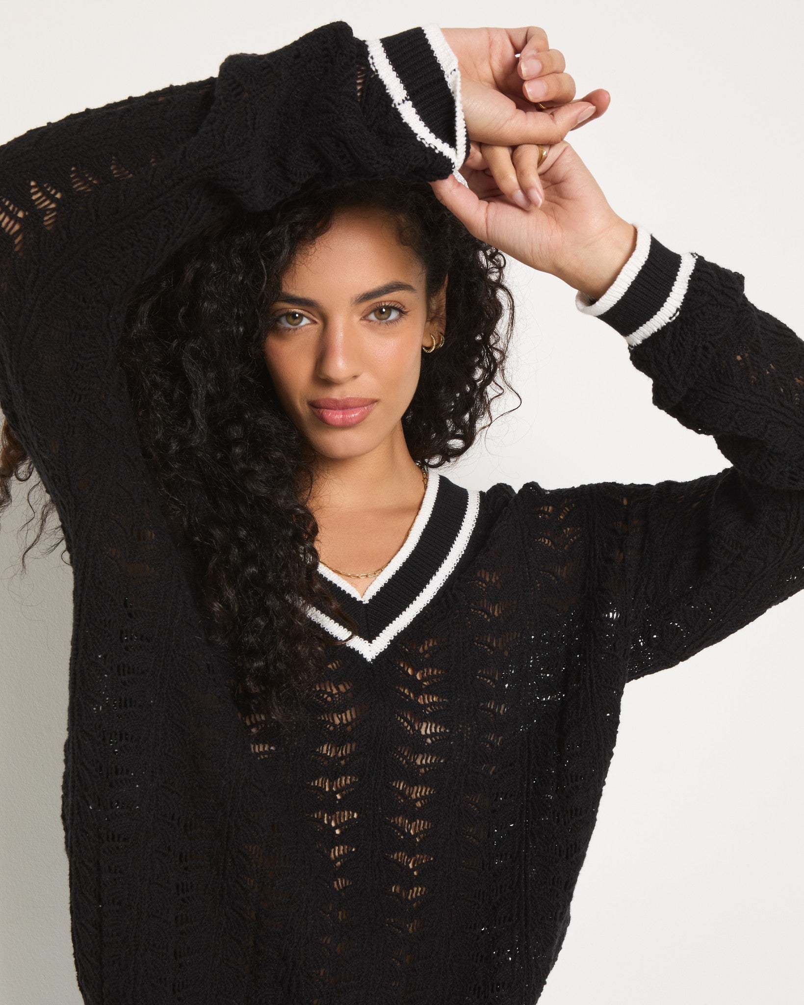 Black $|& SEAS Sandyshores Pointelle V-Neck Sweater - SOF Front