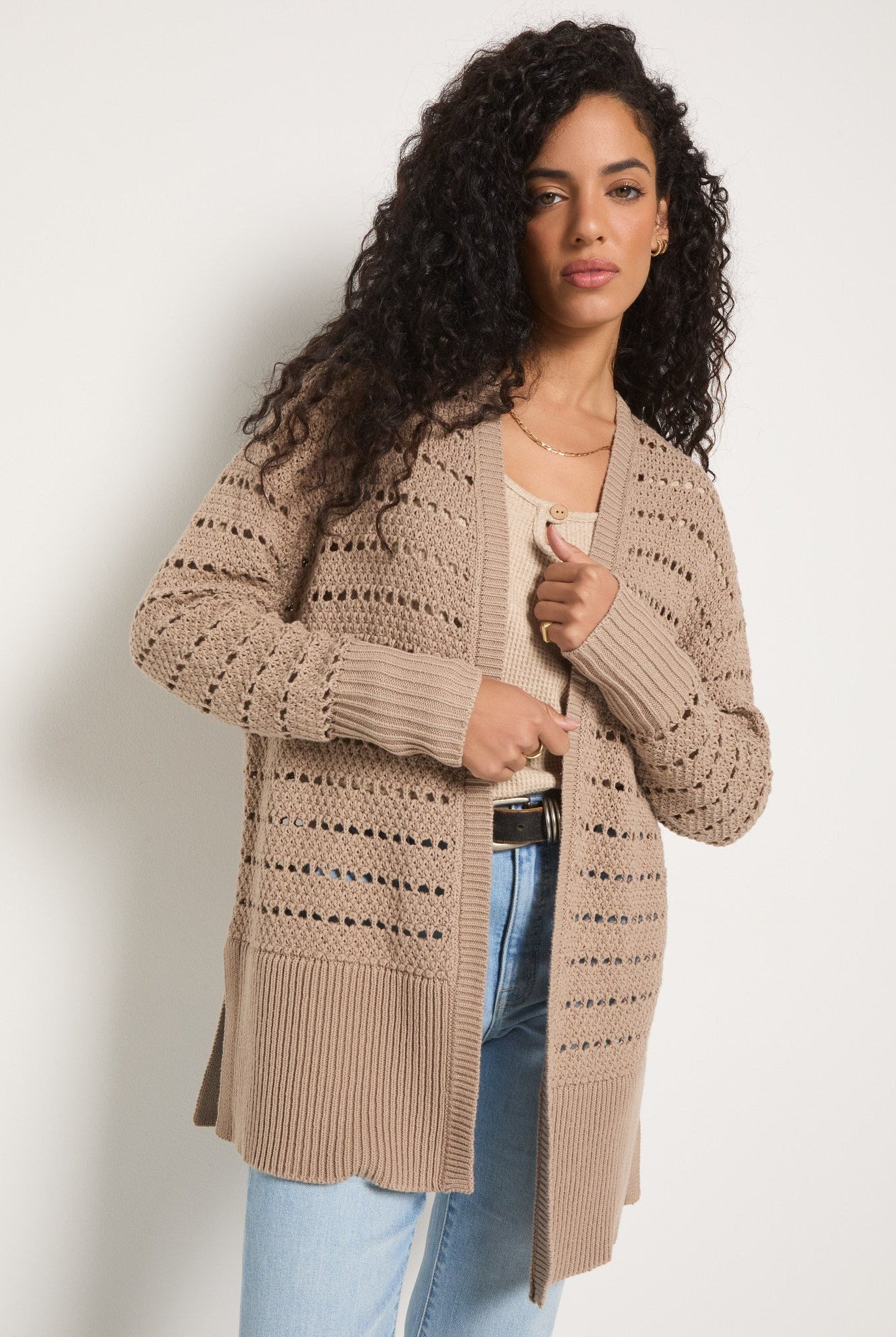 Dark Birch $|& SEAS Oasis Crochet Cardigan - SOF Front