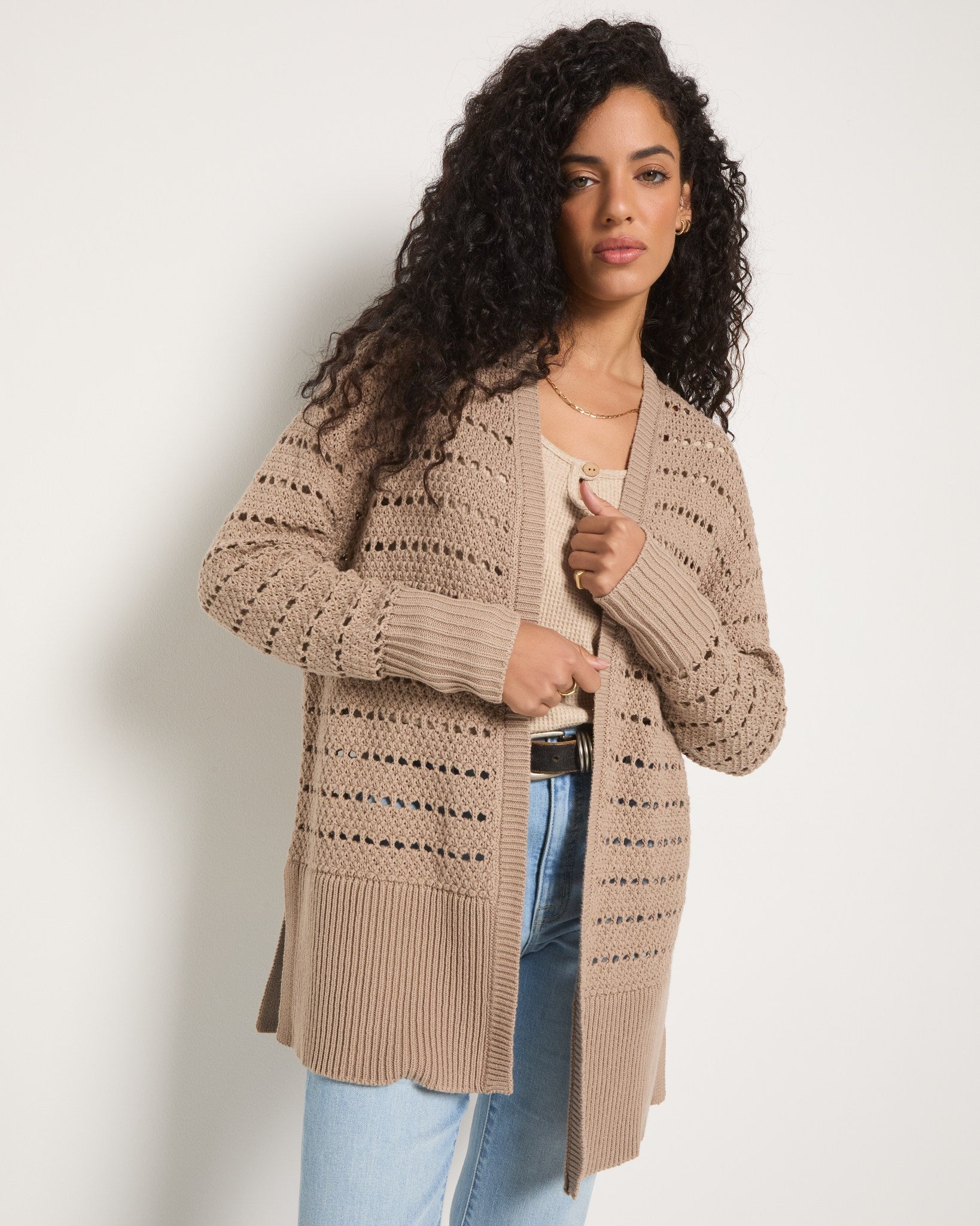 Dark Birch $|& SEAS Oasis Crochet Cardigan - SOF Front