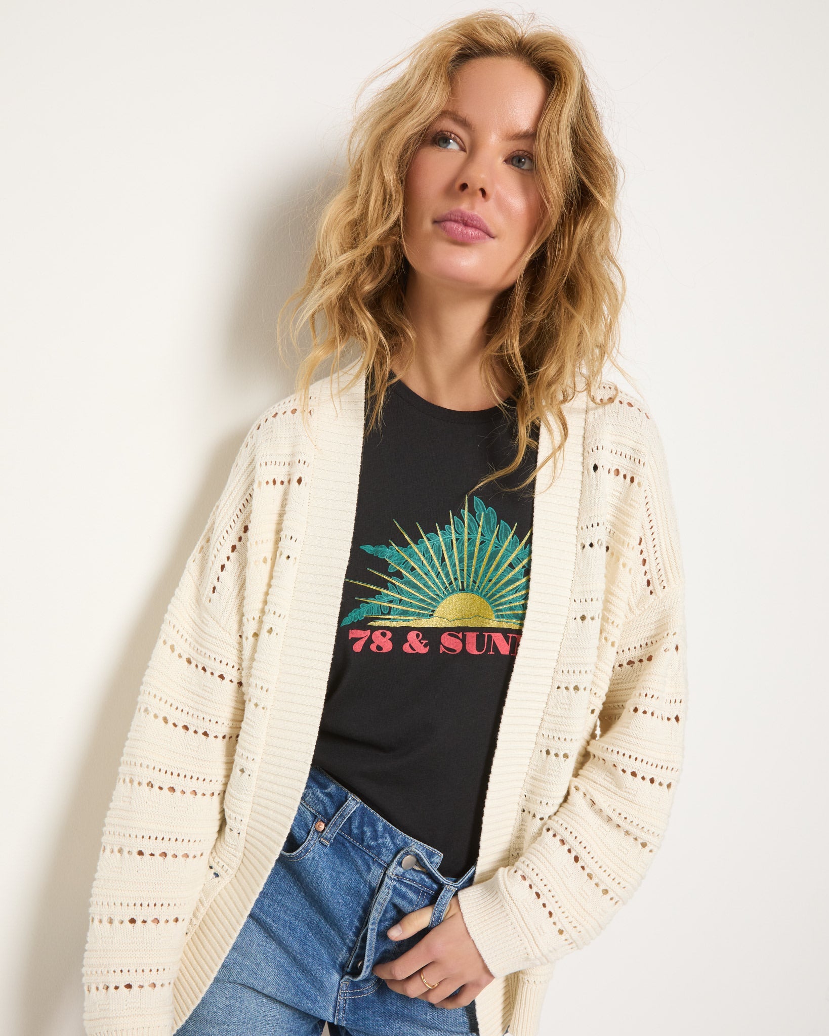 Cream $|& SEAS Sunlit Crochet Cocoon Cardigan - VOF Side