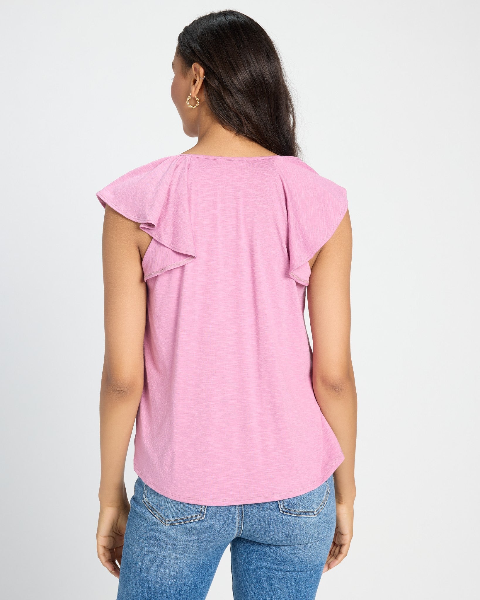 Mauve Mist $|& SEAS Slub Flutter Sleeve Top - SOF Back
