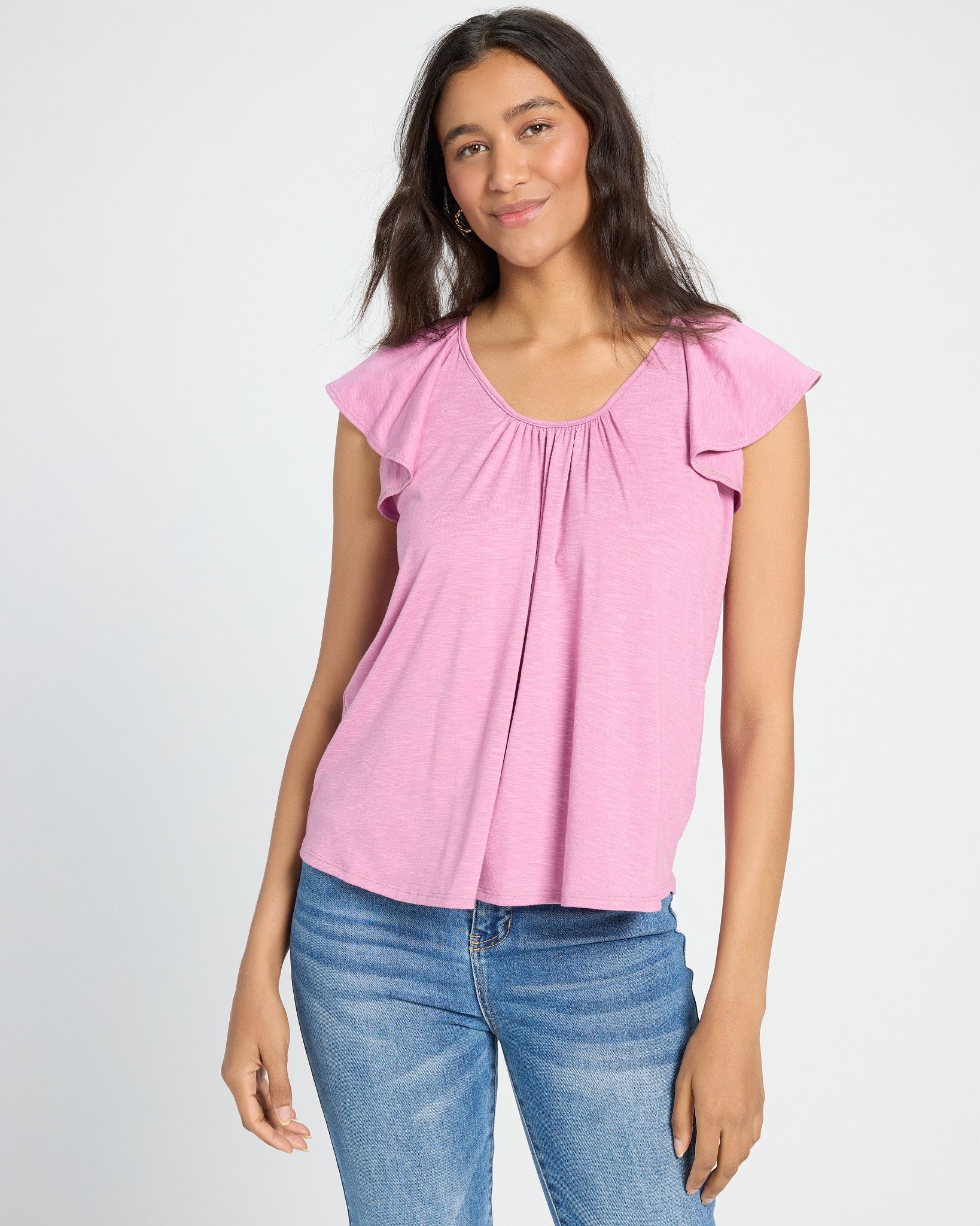 Mauve Mist $|& SEAS Slub Flutter Sleeve Top - SOF Front