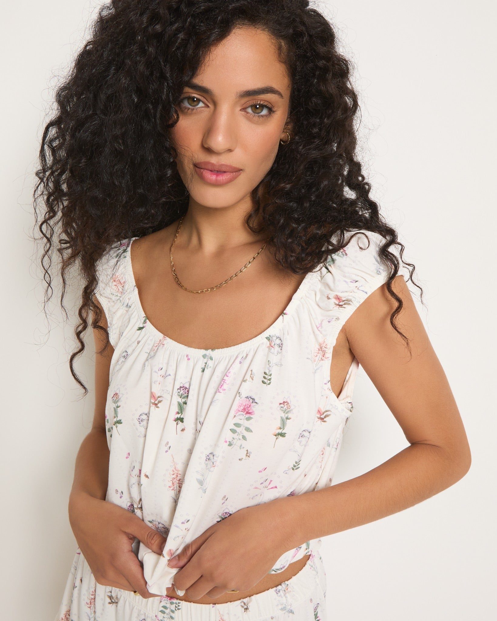 White Floral $|& SEAS Night Garden Ruched Sleep Set - SOF Full Front