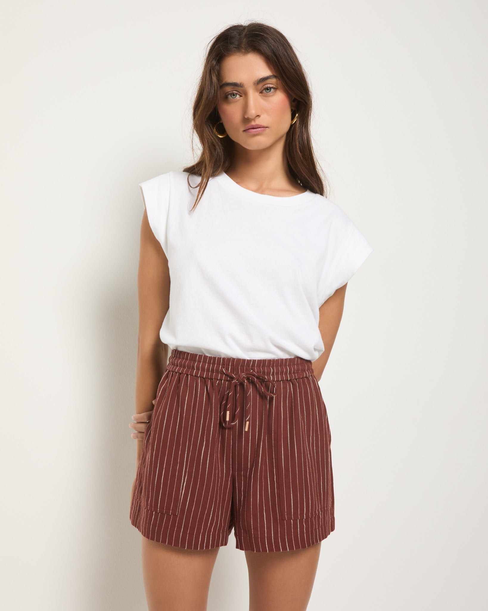 Cinnamon Stripe $|& SEAS Seafoam Linen Blend Short - VOF Front