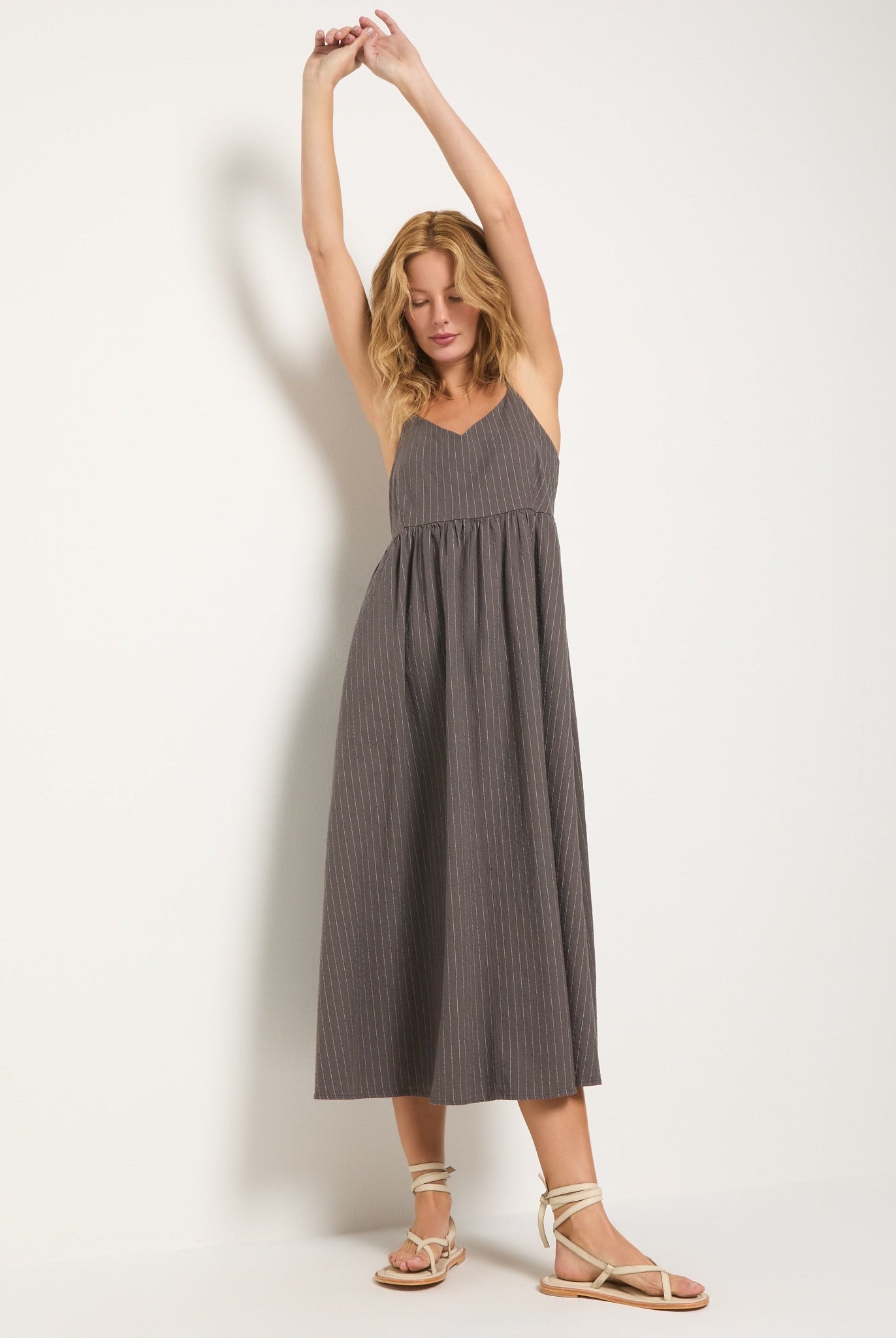 Grey Stripe $|& SEAS Shores Stripe Linen Maxi Dress - VOF Front