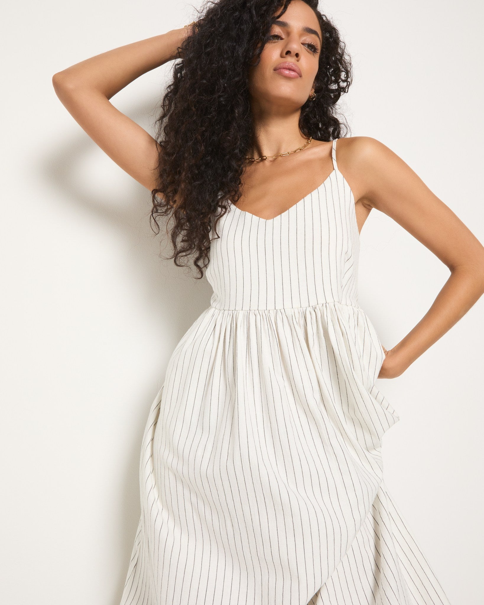 White Stripe $|& SEAS Shores Stripe Linen Maxi Dress - SOF Full Front