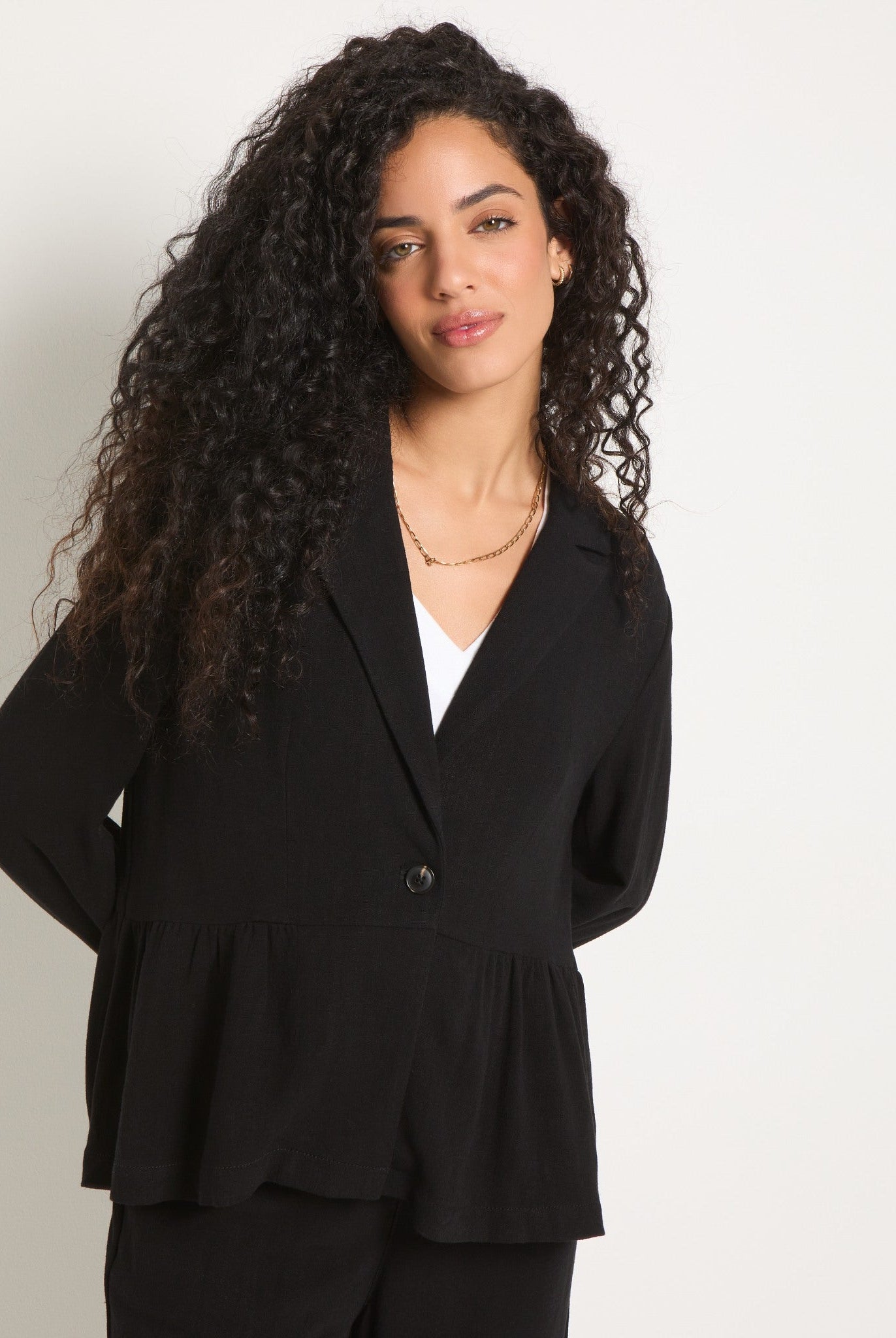 Black $|& SEAS Cove Linen Peplum Blazer - SOF Front