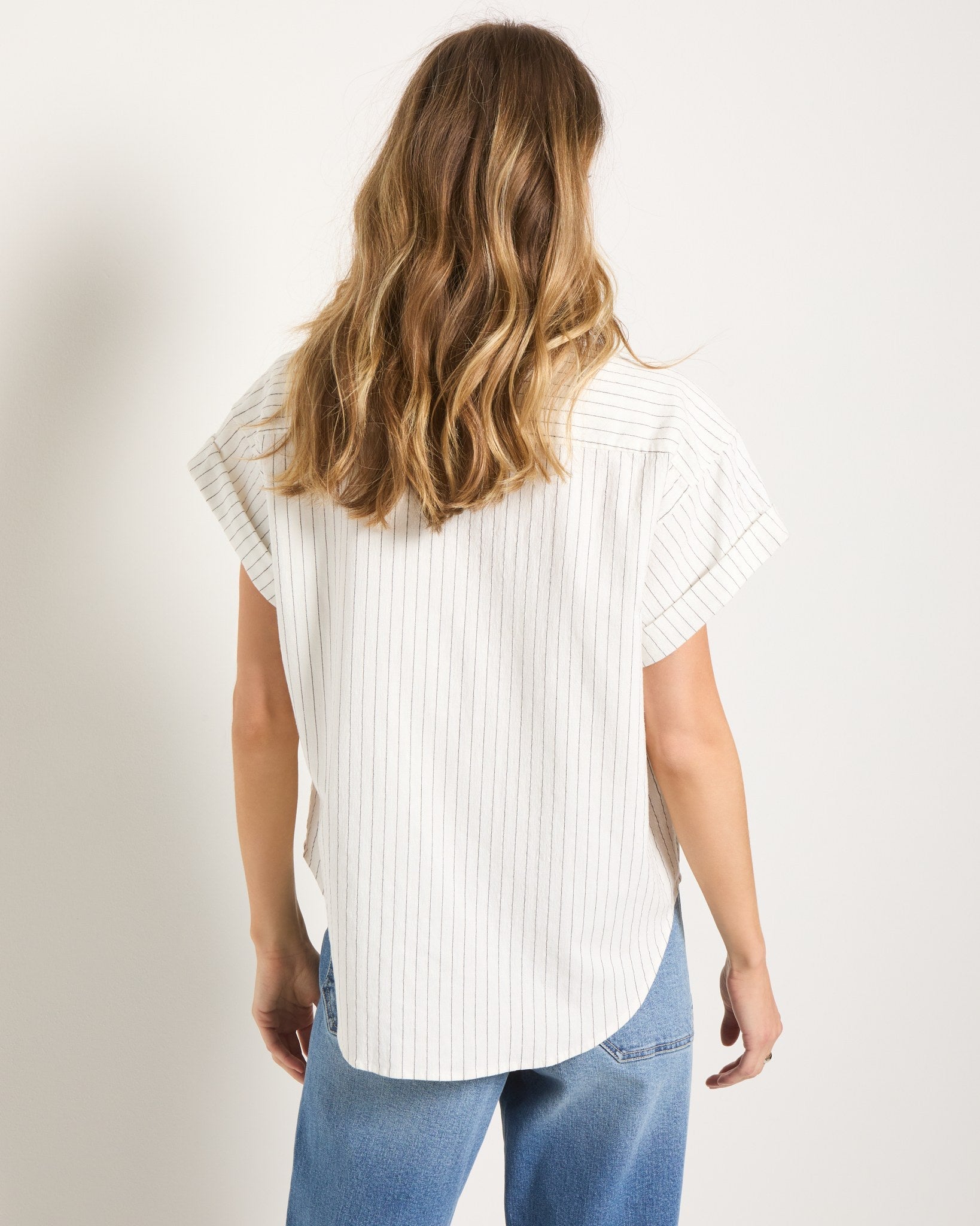 White Stripe $|& SEAS Crest Stripe Linen Blend Blouse - SOF Back
