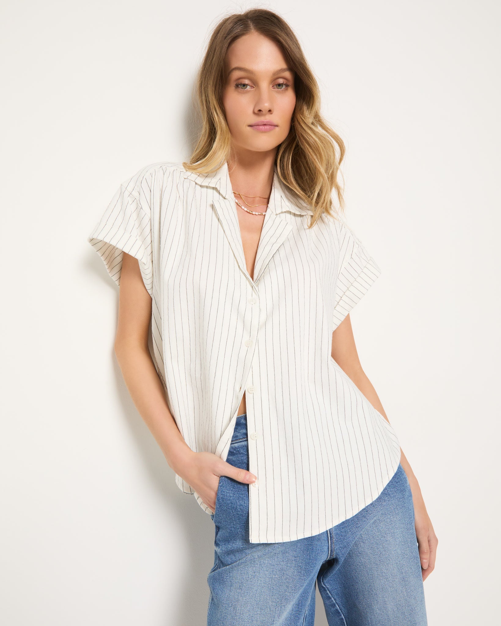 White Stripe $|& SEAS Crest Stripe Linen Blend Blouse - SOF Front