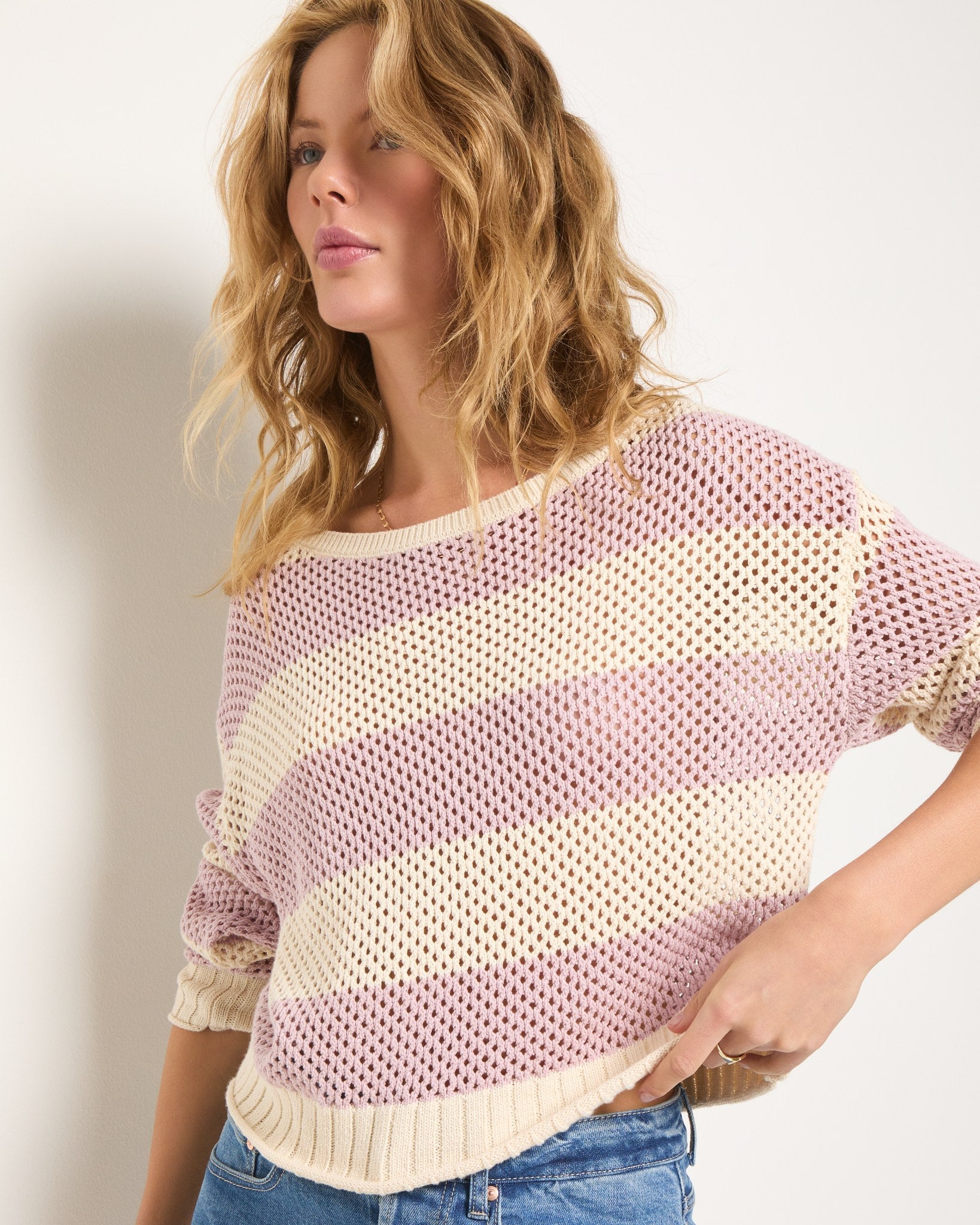 Smoky Lilac Stripe $|& SEAS Mariner Stripe Mesh Sweater - SOF Full Front