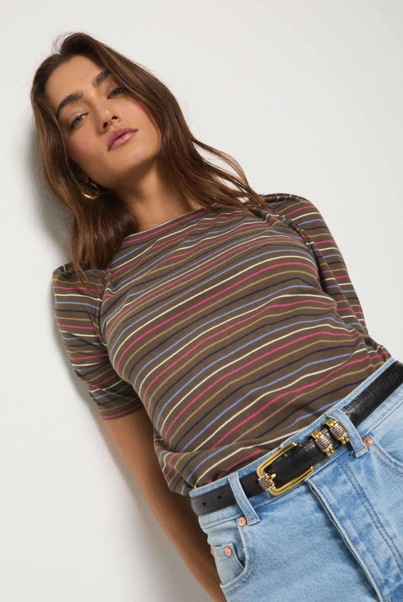 Truffle Multi Stripe $|& SEAS Seabreeze Boat Neck Puff Sleeve Tee - SOF Full Front