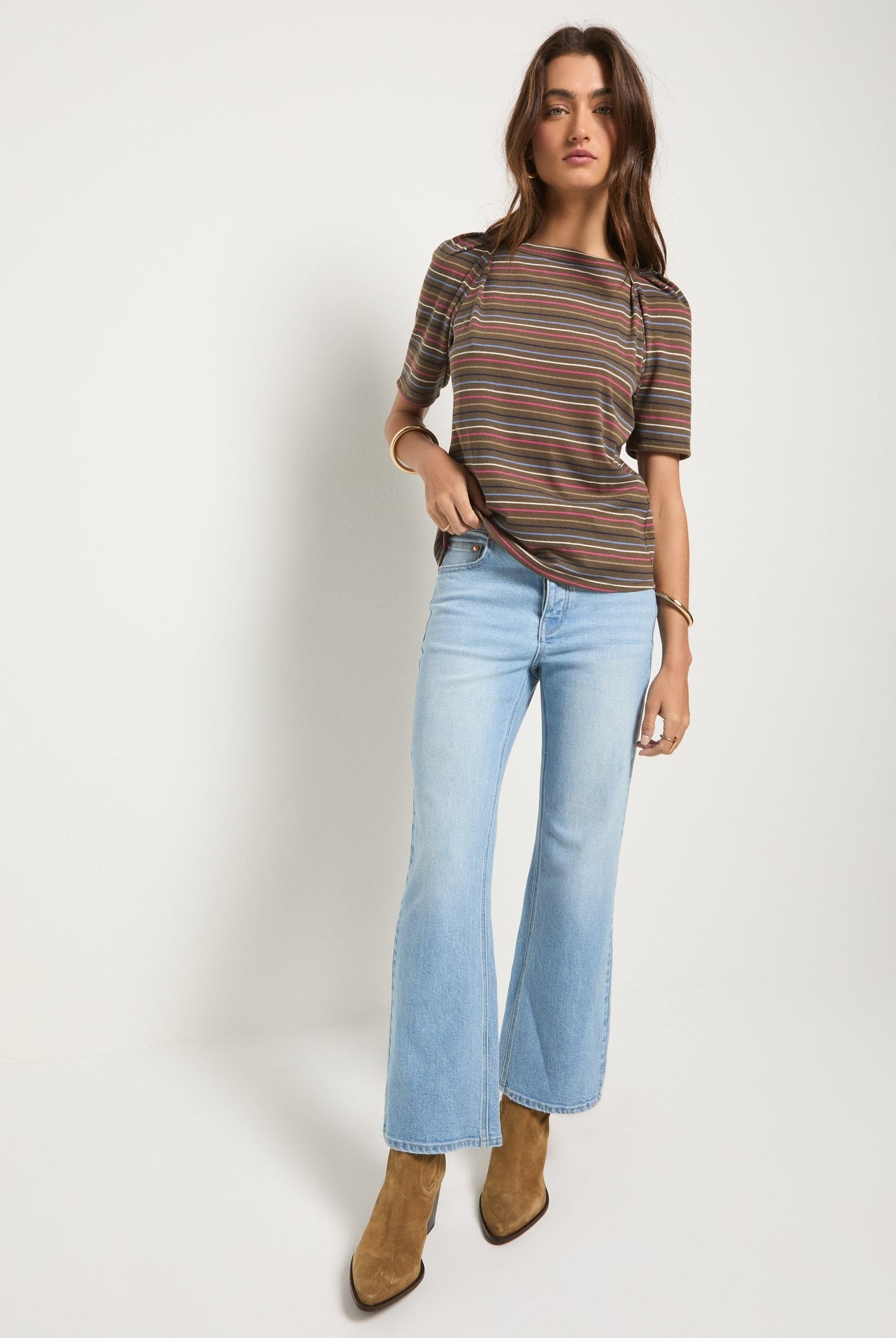 Truffle Multi Stripe $|& SEAS Seabreeze Boat Neck Puff Sleeve Tee - VOF Side