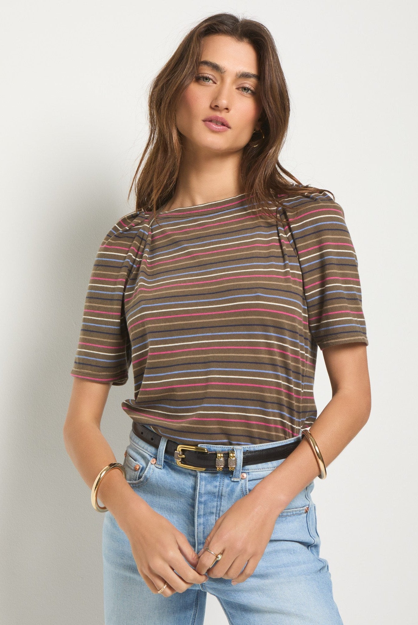 Truffle Multi Stripe $|& SEAS Seabreeze Boat Neck Puff Sleeve Tee - SOF Front