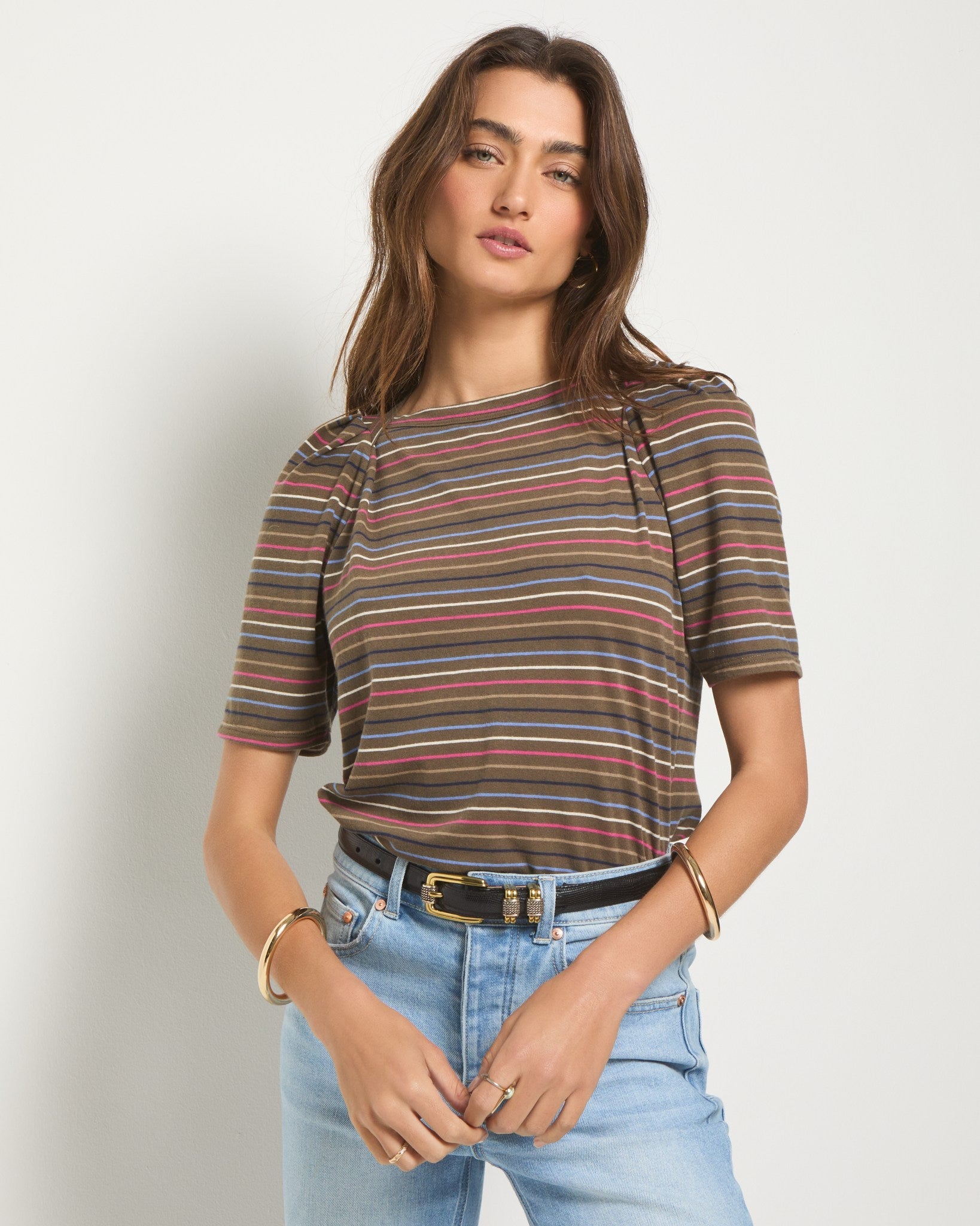Truffle Multi Stripe $|& SEAS Seabreeze Boat Neck Puff Sleeve Tee - SOF Front