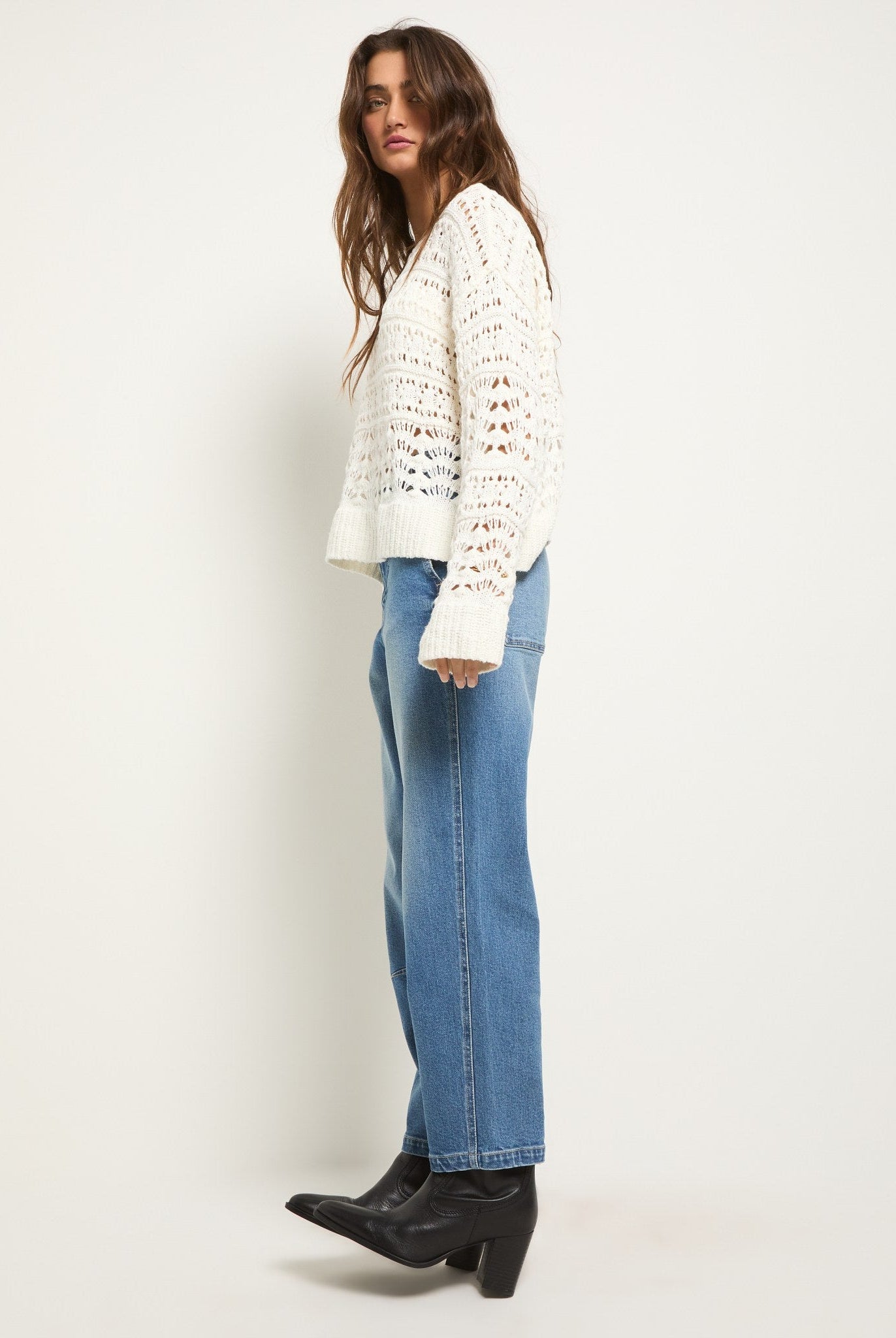 White $|& SEAS Sage Off Shoulder Pointelle Sweater - VOF Side