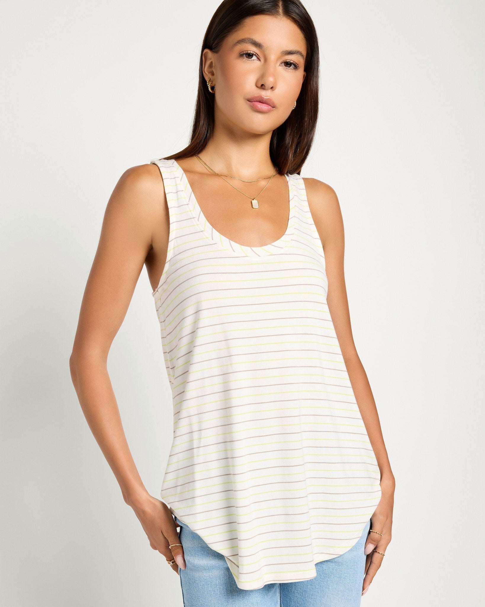 Lime Birch Stripe $|& SEAS Surfside Stripe Scoop Tank - SOF Front