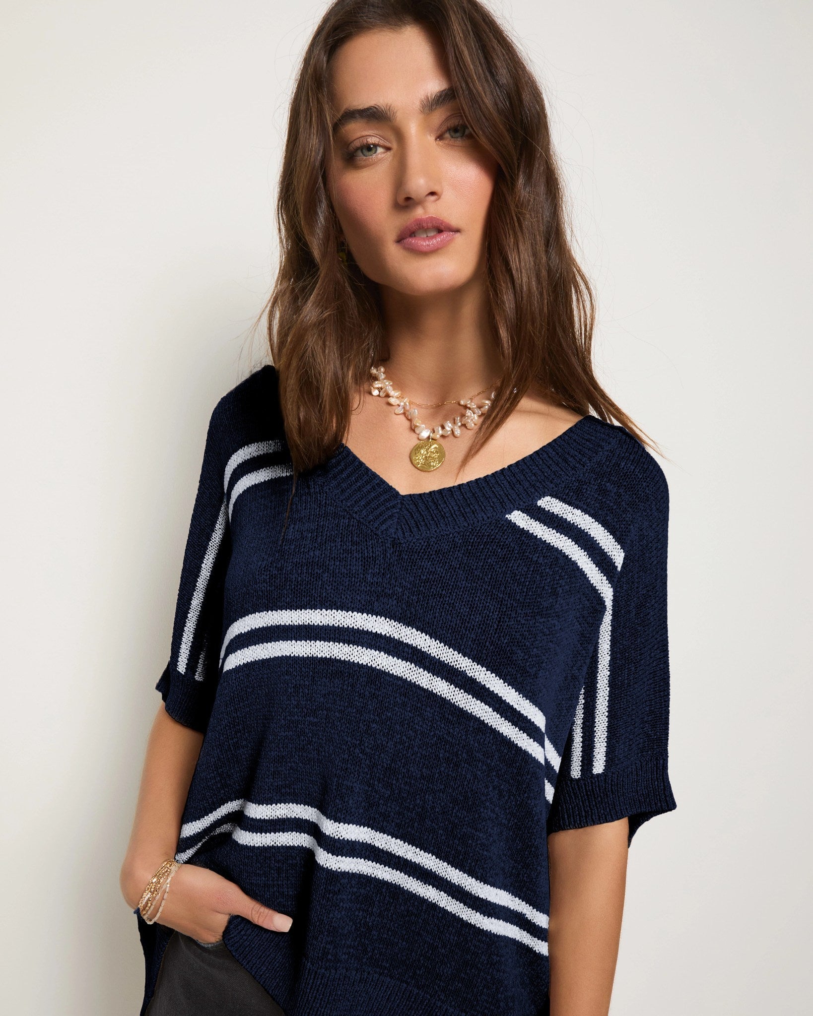 Sapphire $|& SEAS Wavetide Stripe V-Neck Sweater Tee - SOF Full Front