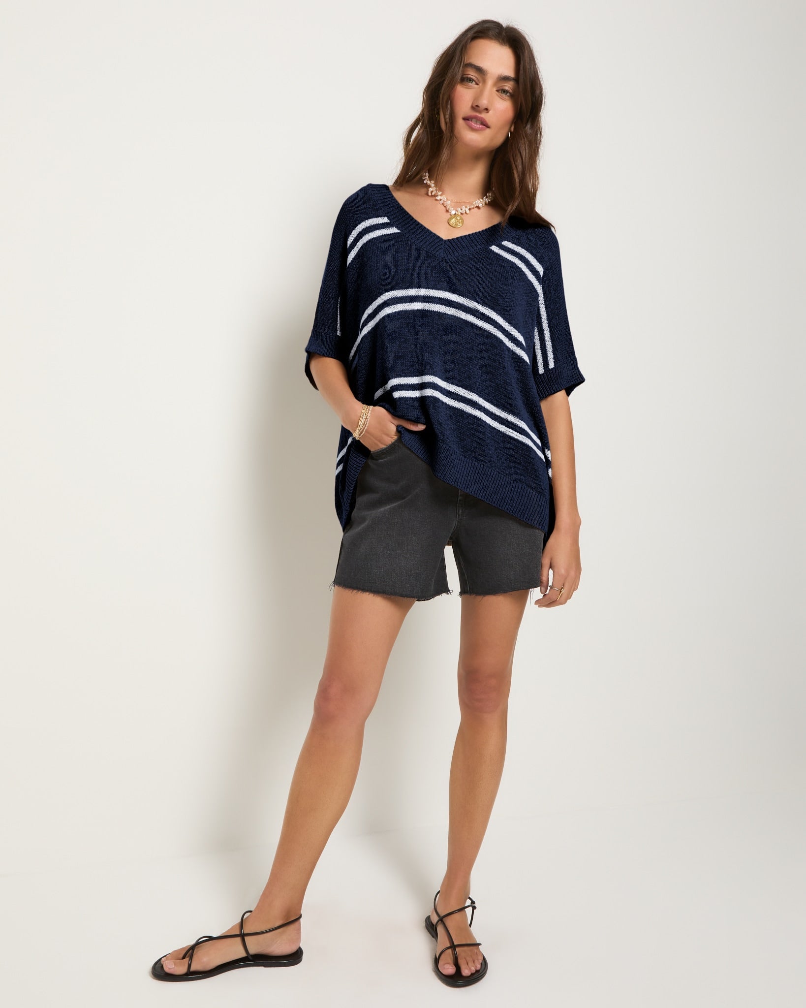 Sapphire $|& SEAS Wavetide Stripe V-Neck Sweater Tee - UGC On Fig