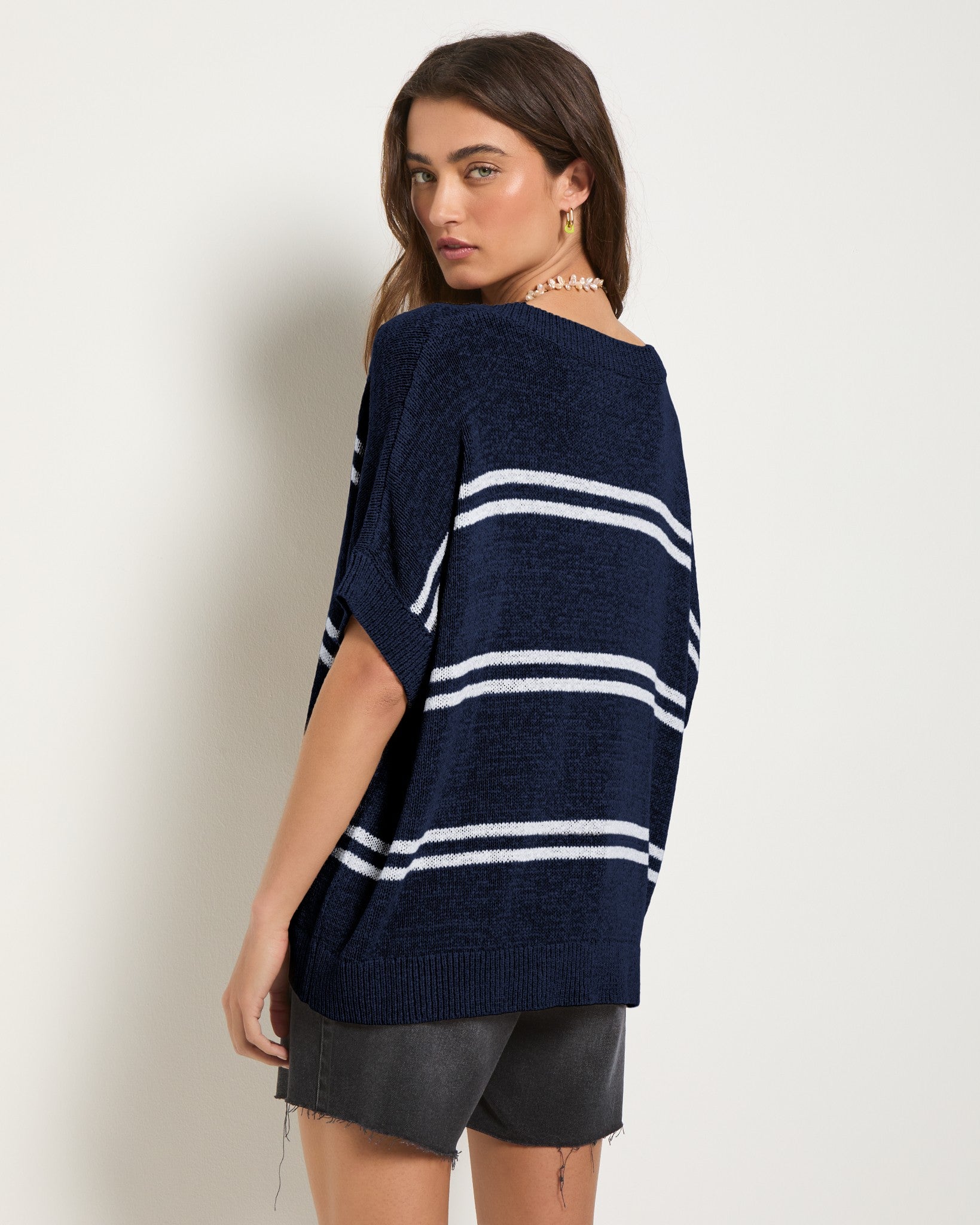 Sapphire $|& SEAS Wavetide Stripe V-Neck Sweater Tee - SOF Back