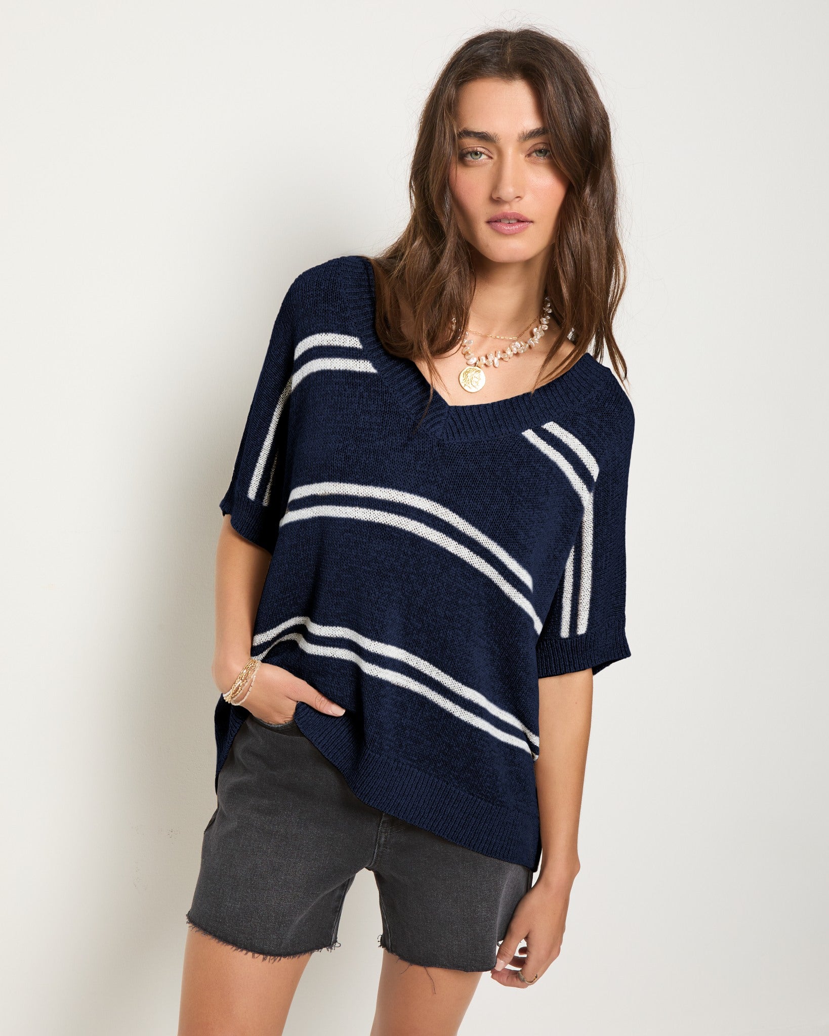 Sapphire $|& SEAS Wavetide Stripe V-Neck Sweater Tee - SOF Front