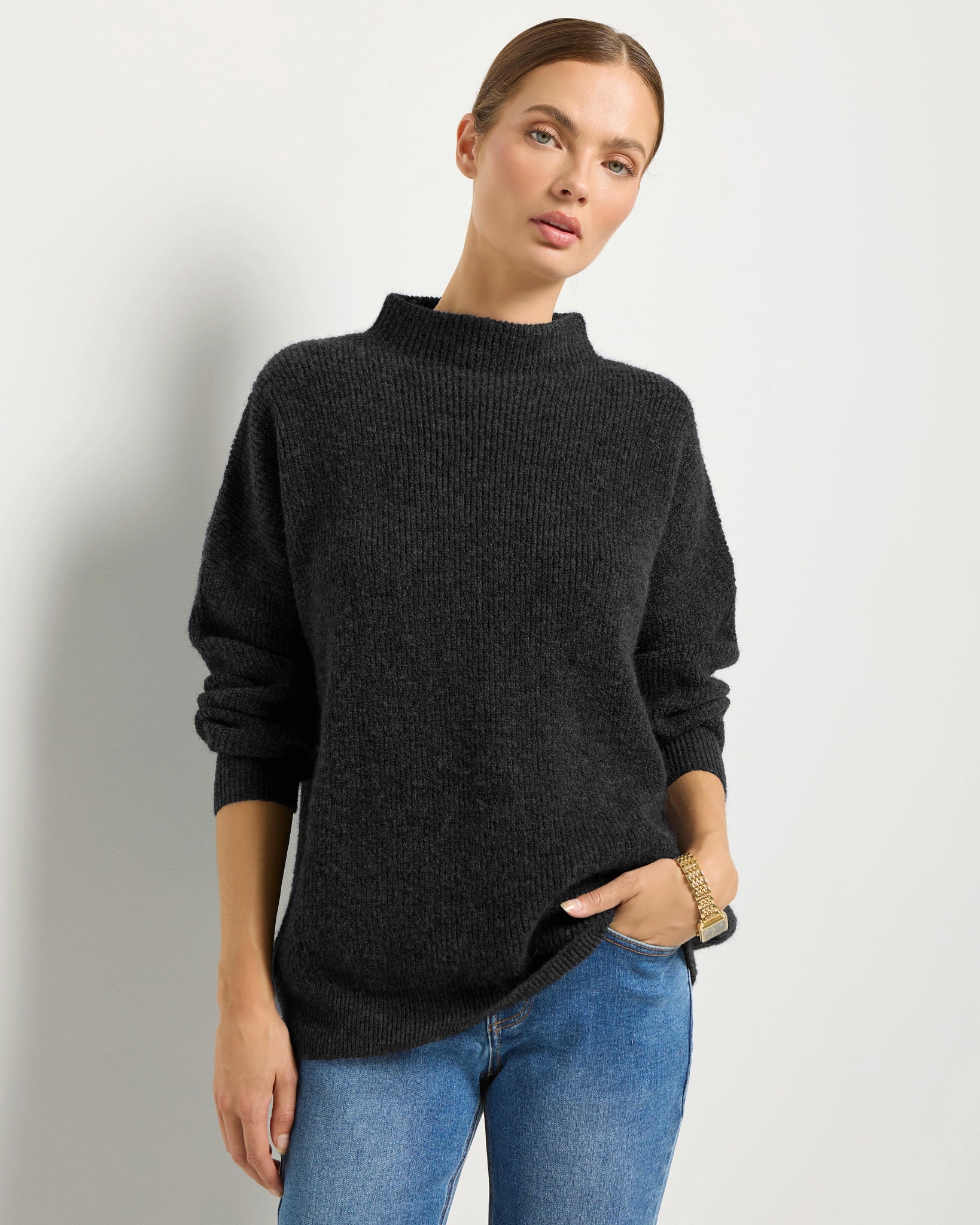 Black $|& SEAS Desert Rose Funnel Neck Sweater - SOF Front