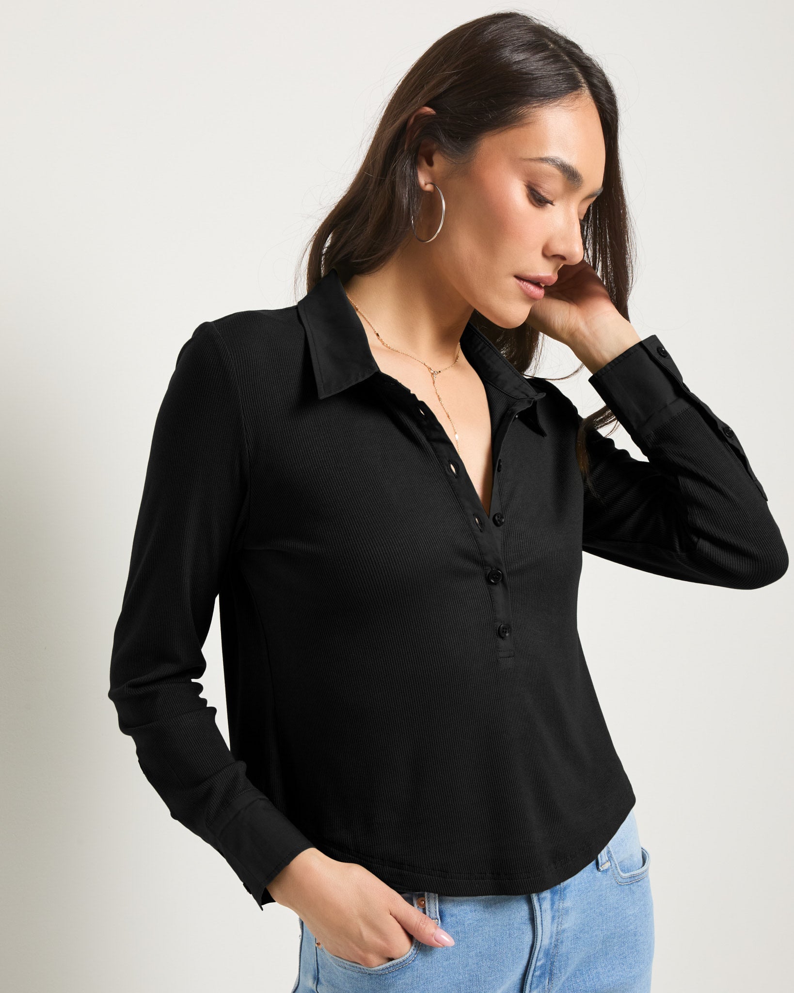 Black $|& SEAS Meadow Mixed Media Top - SOF Full Front