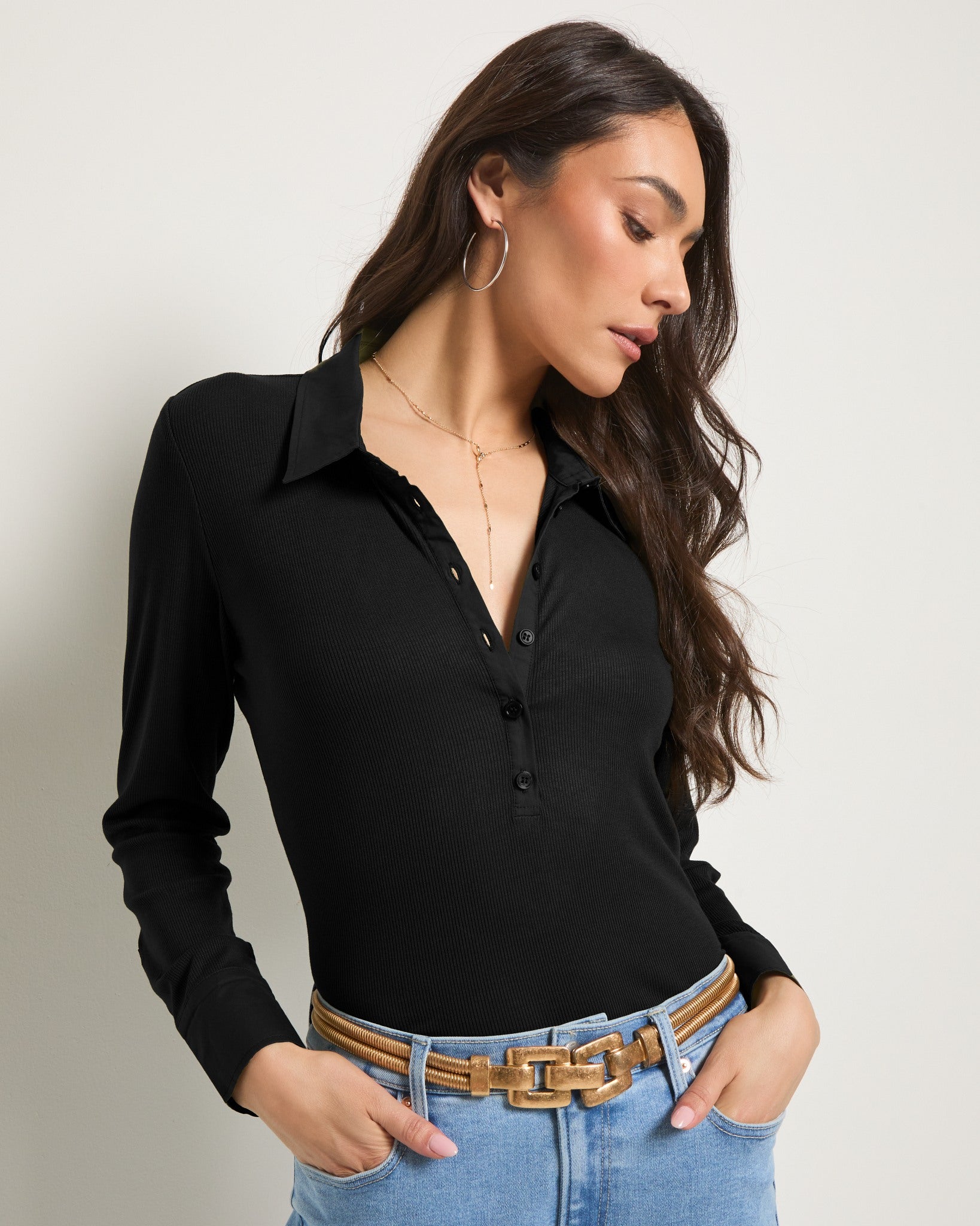 Black $|& SEAS Meadow Mixed Media Top - SOF Front